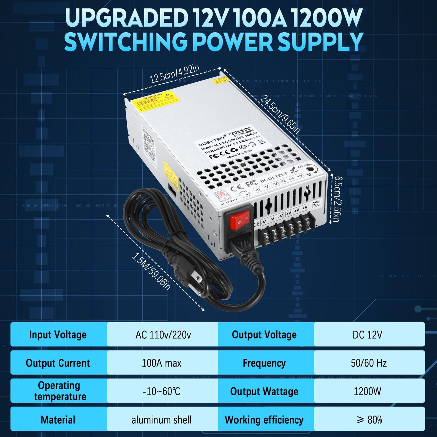 BOSYTRO Upgrade 12V Power Supply, 110v to 12v Converter, 1200W 100A Transformer, with Power Cord and Safety Switch, AC to DC Converter for 3D Printer, Led Strip, Motor Pump, CCTV