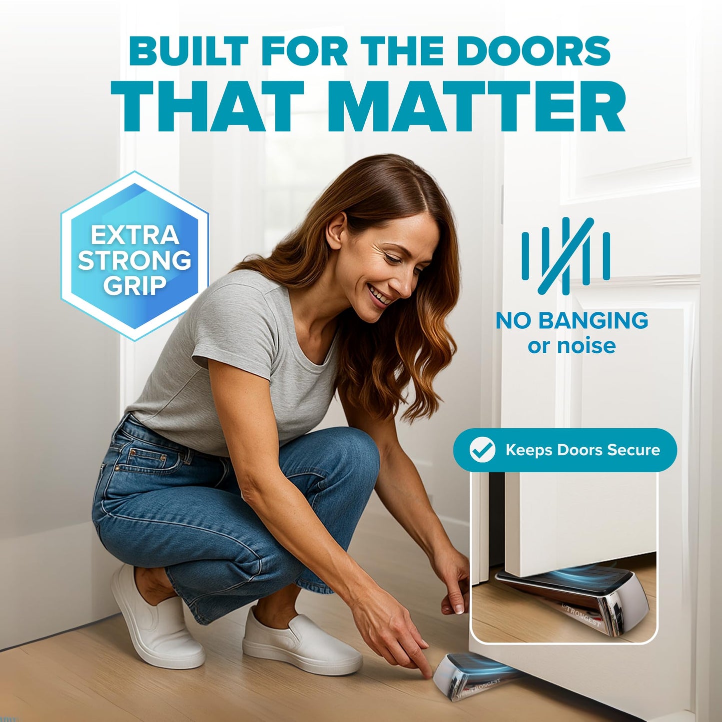Strongest Home Heavy Duty Door Stopper Wedge (4 Chrome PCs) | Non-Slip Rubber and Metal Door Stop for Heavy Doors| Work on Wood, Tile, Carpet + 4 White Wall Protectors