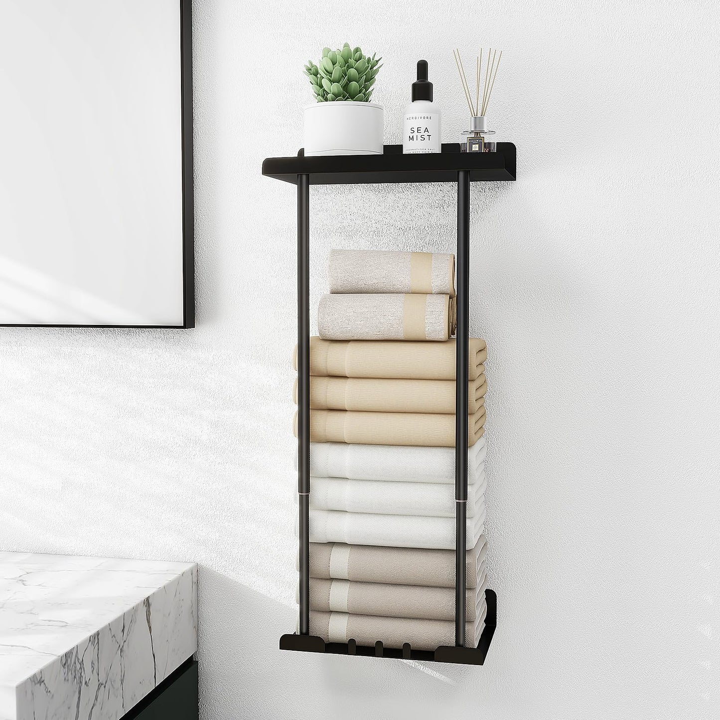 Moonvista Towel Racks for Bathroom, 16-30 Inch Adjustable Towel Holder with Shelf, Metal Wall Towel Rack Mounted Towel Storage for Rolled Towels, Black