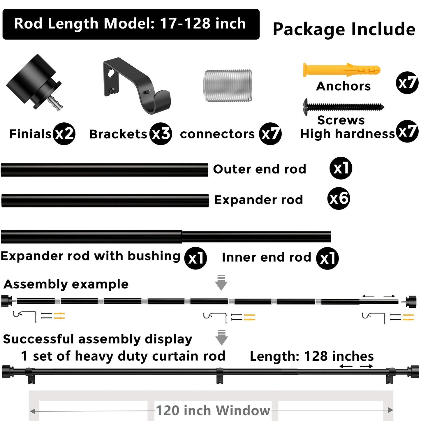Black Curtain Rod 17 to 128 inch for Window 120 inch, Adjustable Heavy Duty Thick Matte Black Modern 10 ft