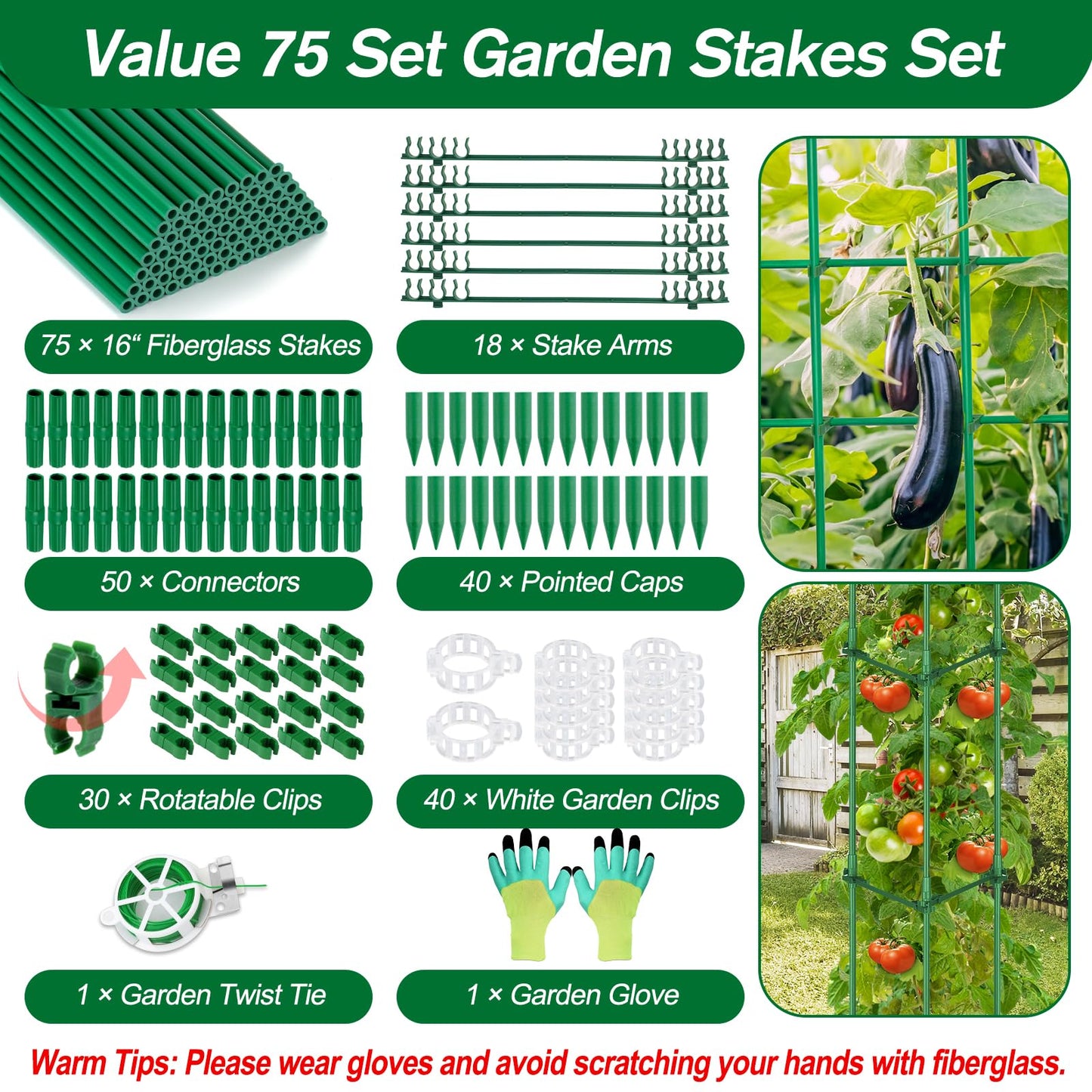 256PCS Garden Stakes Set with 75PCS 16 Inch Fiberglass Plant Sticks and Stake Arms, DIY 4ft 5ft 6ft 7ft 8ft Tomato Stakes, Garden Stakes for Vegetables Tomato Pepper Indoor Outdoor Plants