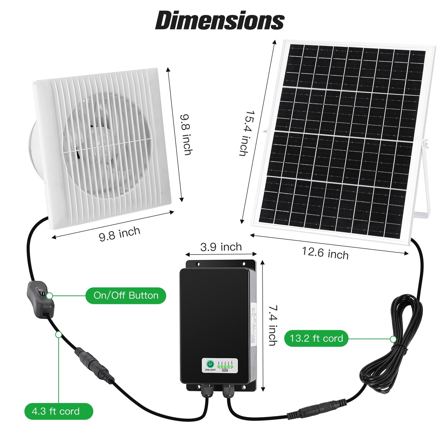 blessny Solar Powered Rechargeable Exhaust Fan, 25W Solar 8" Ventilation Vent Fan with 66.6 Wh Battery Backup for Outside Greenhouse, Chicken Coop, Shed, Pet House