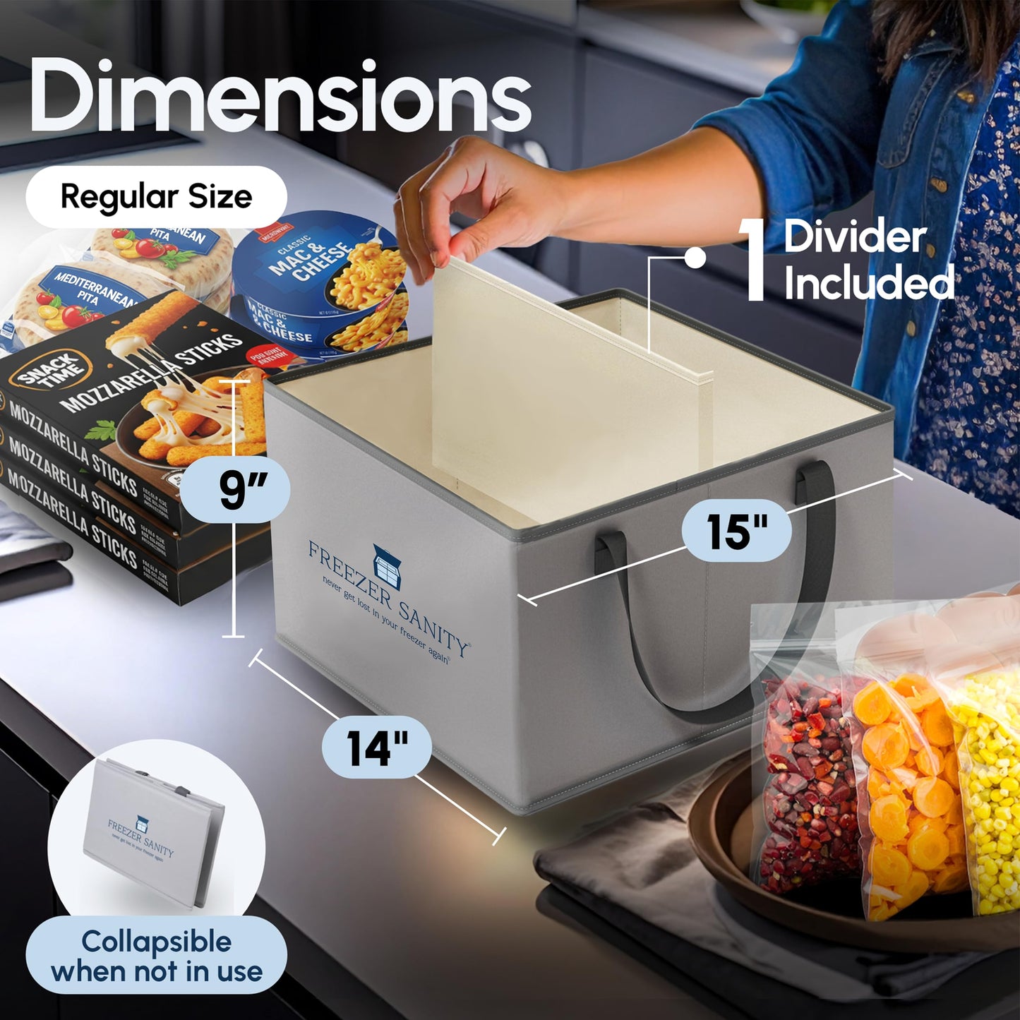 FREEZER SANITY Collapsible Freezer Organizer Bins - Stackable Storage Organizers with Custom Dividers, Handles, Ideal for Chest Freezers, Heavy-Duty, Water-Resistant (2 Pack Regular 15x14x9)