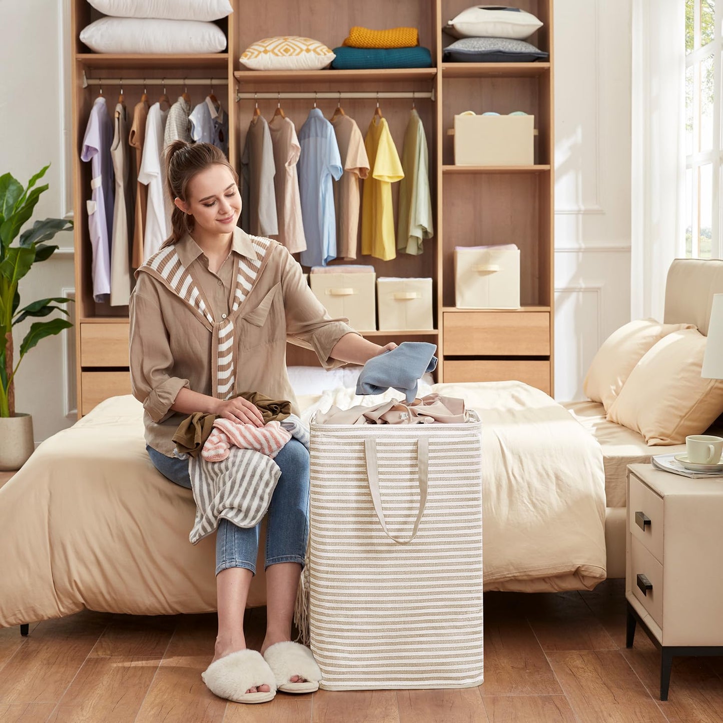 Lifewit 2-Pack 80L Freestanding Laundry Hamper, Large Collapsible Laundry Baskets with Easy Carry Extended Handles, Waterproof Clothes Hamper in Bedroom, Bathroom, Laundry Room, College Dorm, Beige