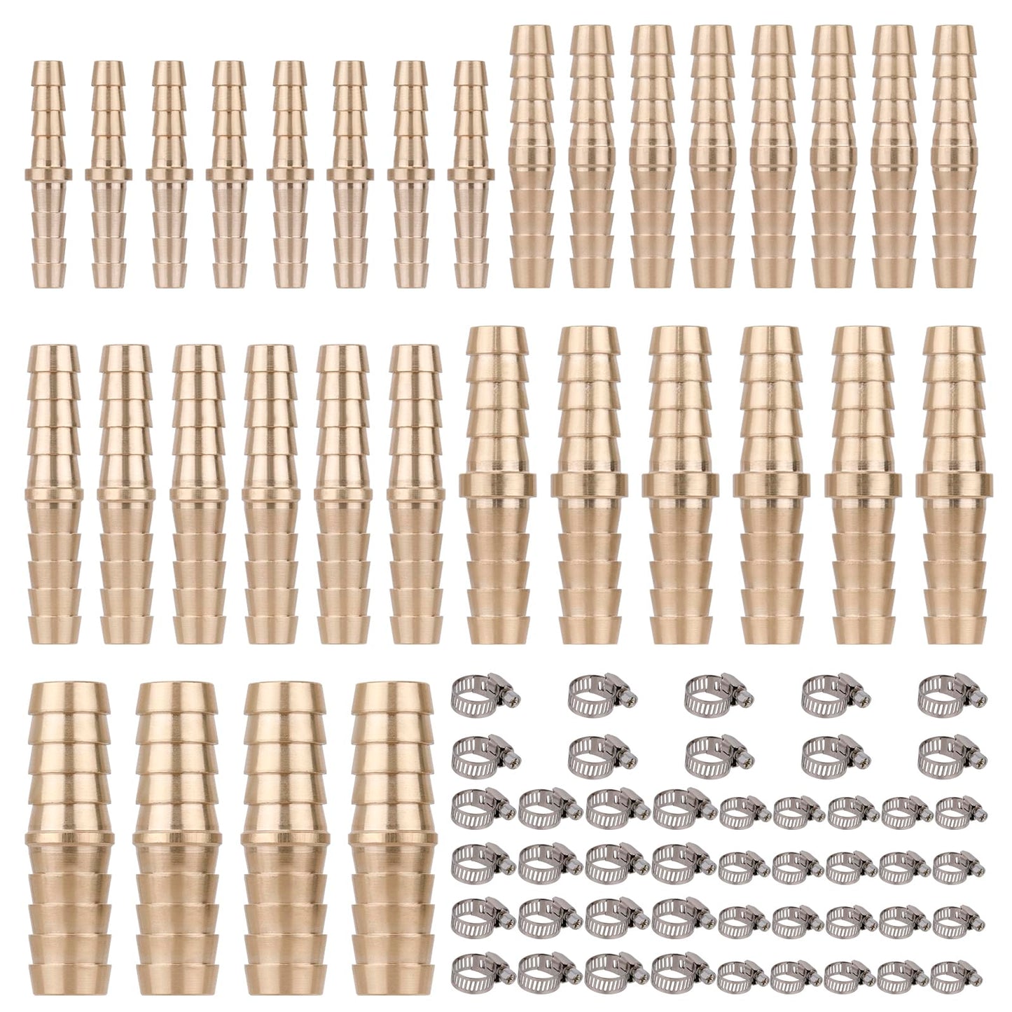 KOOTANS 32PCS Brass Hose Barb Fittings Barb Splicer Mender Hose Fittings Kit 3/16" 1/4" 5/16" 3/8" 1/2" Barbed Air Hose Fittings with 46pcs Pipe Clamps for Water Fuel Air Line Connector Fitting