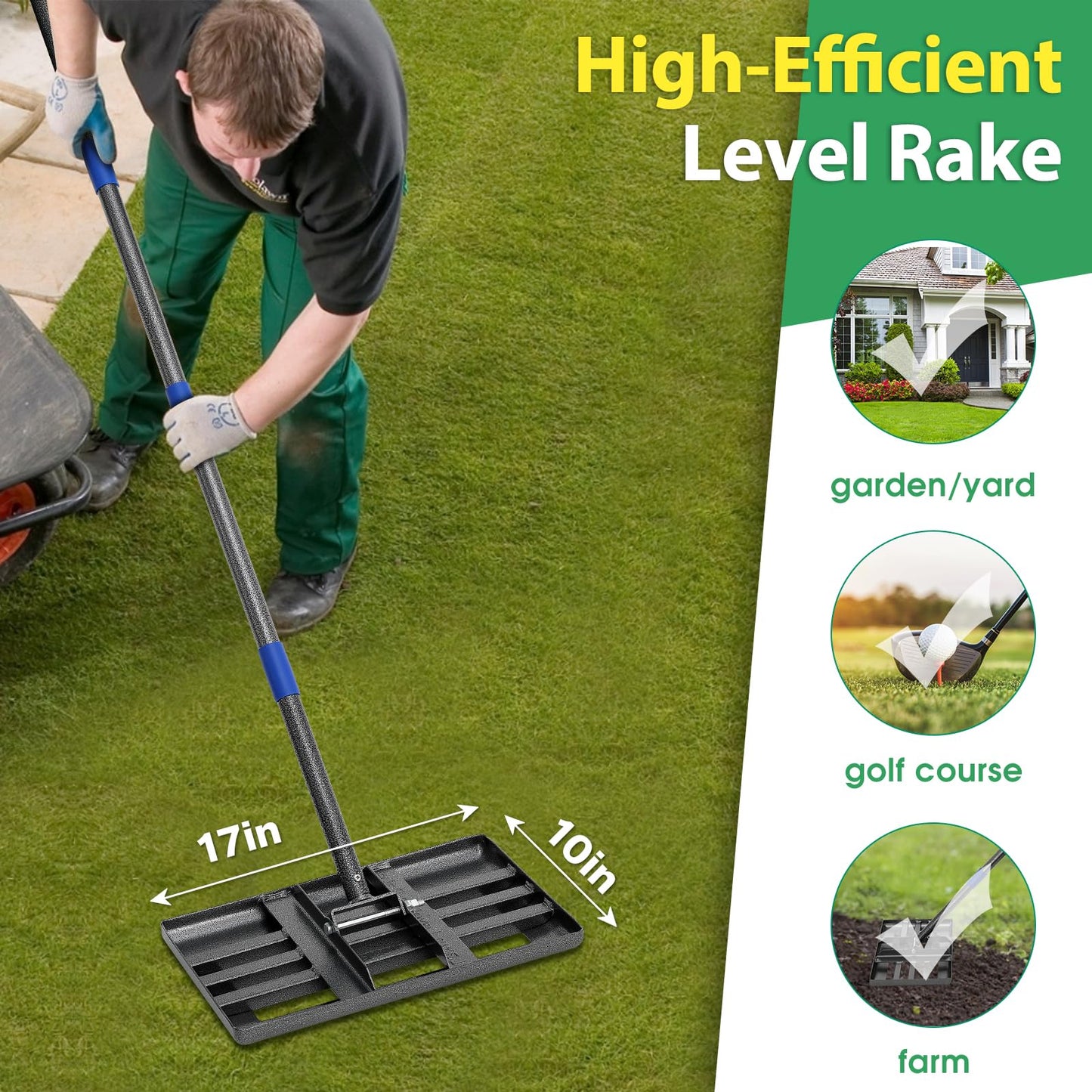 Rake, Lawn Leveling Rake with Round Edge, 5 FT Lawn Leveler with 17 x 10 Small Rakes Head for Smooth Garss Soil Dirt Sand, High Effect Long Handle Ground Leveling Tool for Yard Garden, No Flip