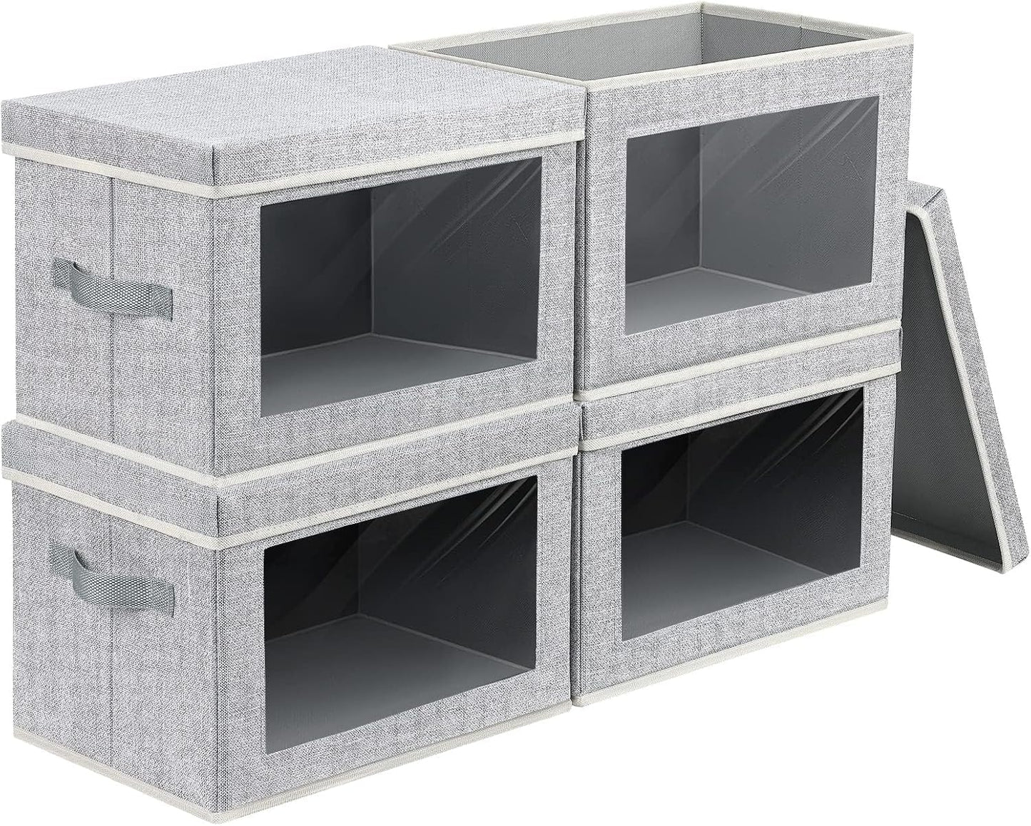 DIMJ Fabric Storage Box with Lid - 4 Pack Closet Foldable Storage Bin with Handle & Clear Window, Decorative Organizer and Storage Basket Containers for Clothes,Bedroom, Office(Ant-Grey)