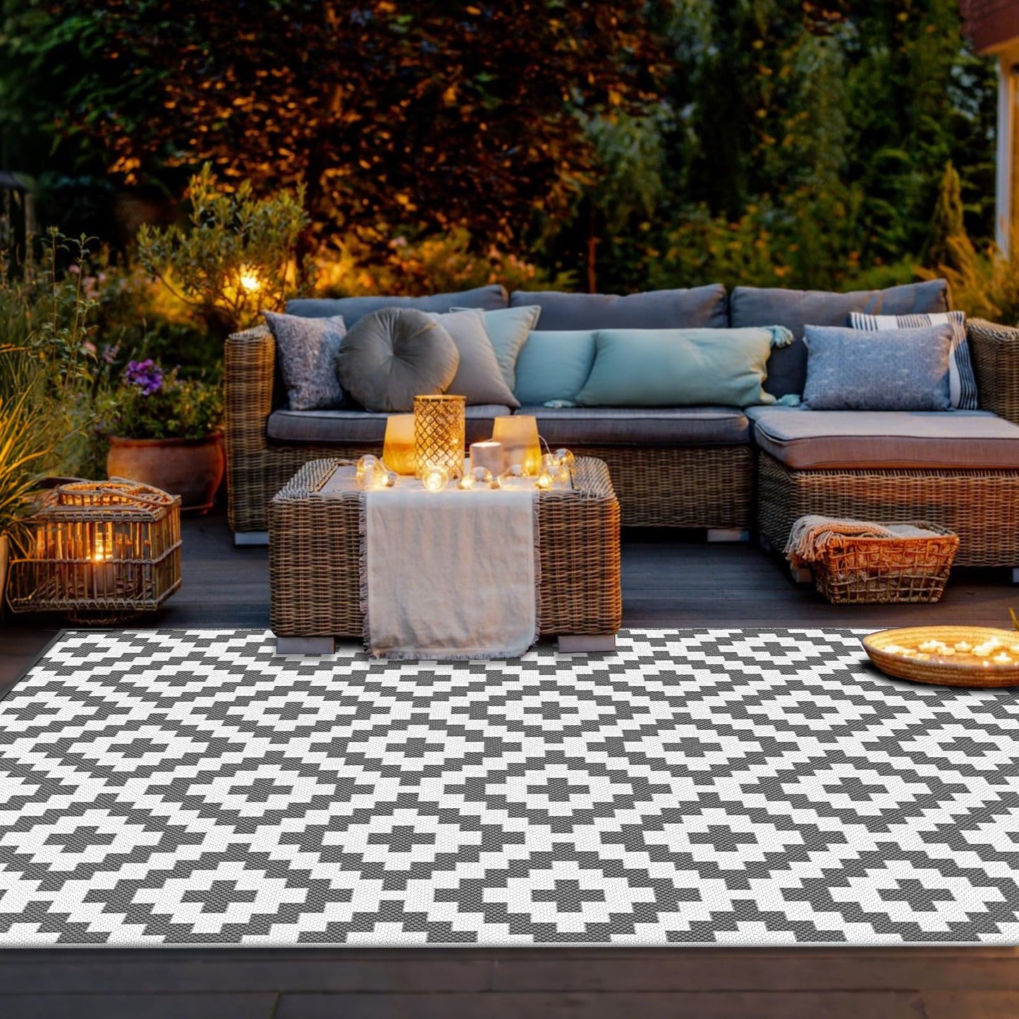 Mokani Reversible Outdoor Rug 5x8ft Waterproof, Geometric Anti-Slip Plastic Straw Outdoor Carpet Mat, UV Resistant Patio Rugs Tapis Exterieur for Garden, RV, Deck, Camping, Picnic