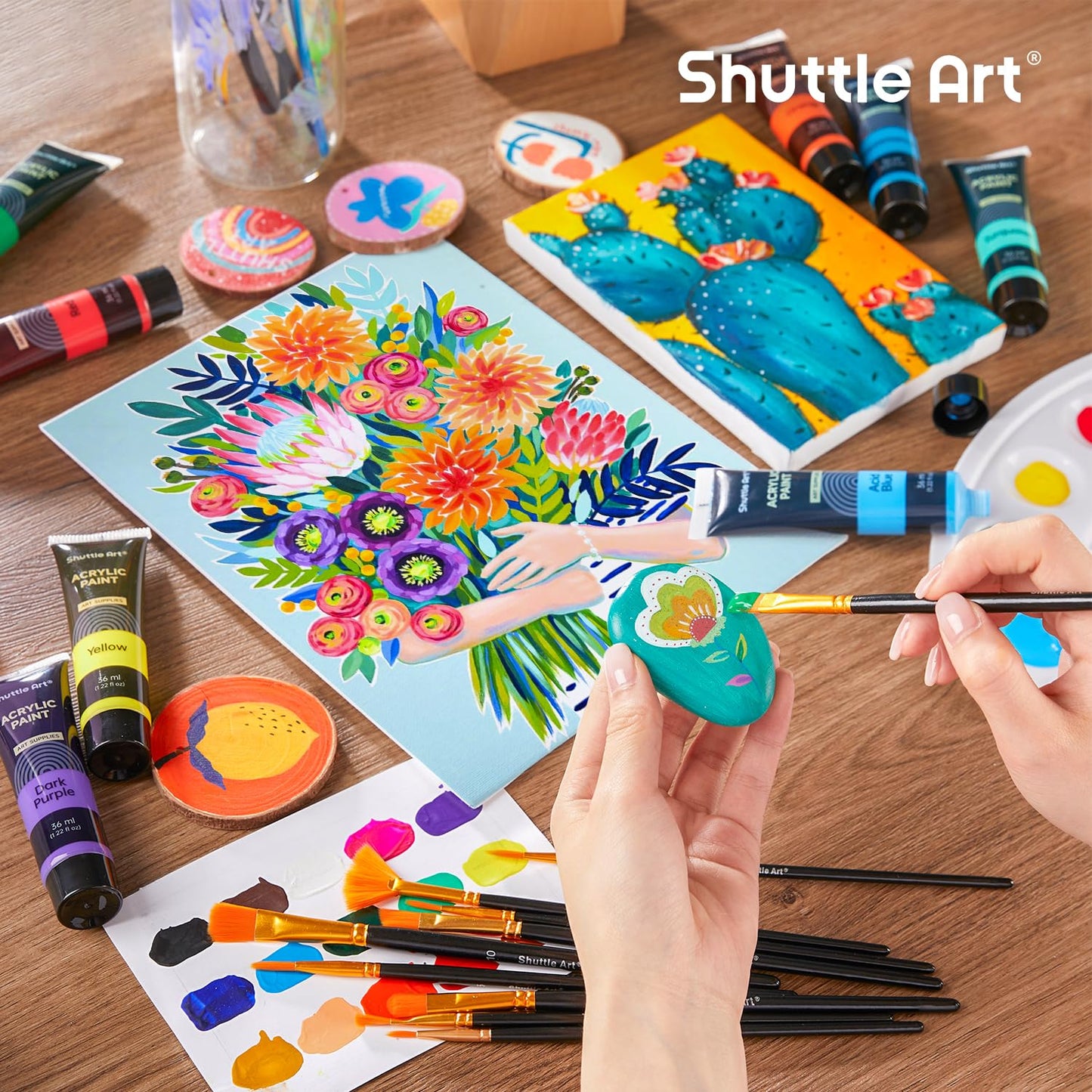 Shuttle Art 48 Pack Acrylic Paint Set, 30 Colors Acrylic Paint (36ml) with 10 Brushes 5 Canvas 1 Paint Knife 1 Palette 1 Sponge, Complete Set for Kids, Adults Painting on Canvas Rocks Wood Ceramic