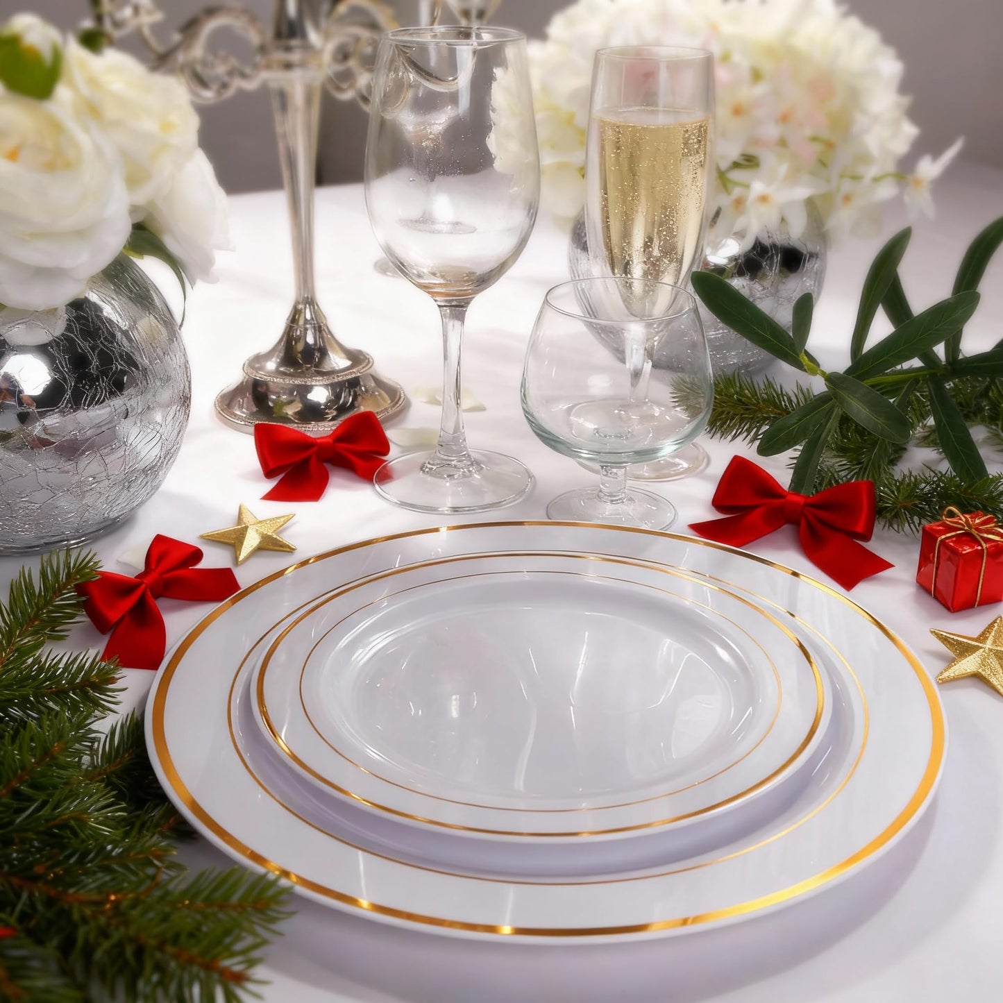 I00000 102 Pieces Gold Plastic Plates, Disposable Party Plates White Gold Rim, 51 Heavy Duty Dinner Plates 10.25 Inch and 51 Disposable Dessert Appetizer Elegant Fancy Wedding Plates 7.5 Inch