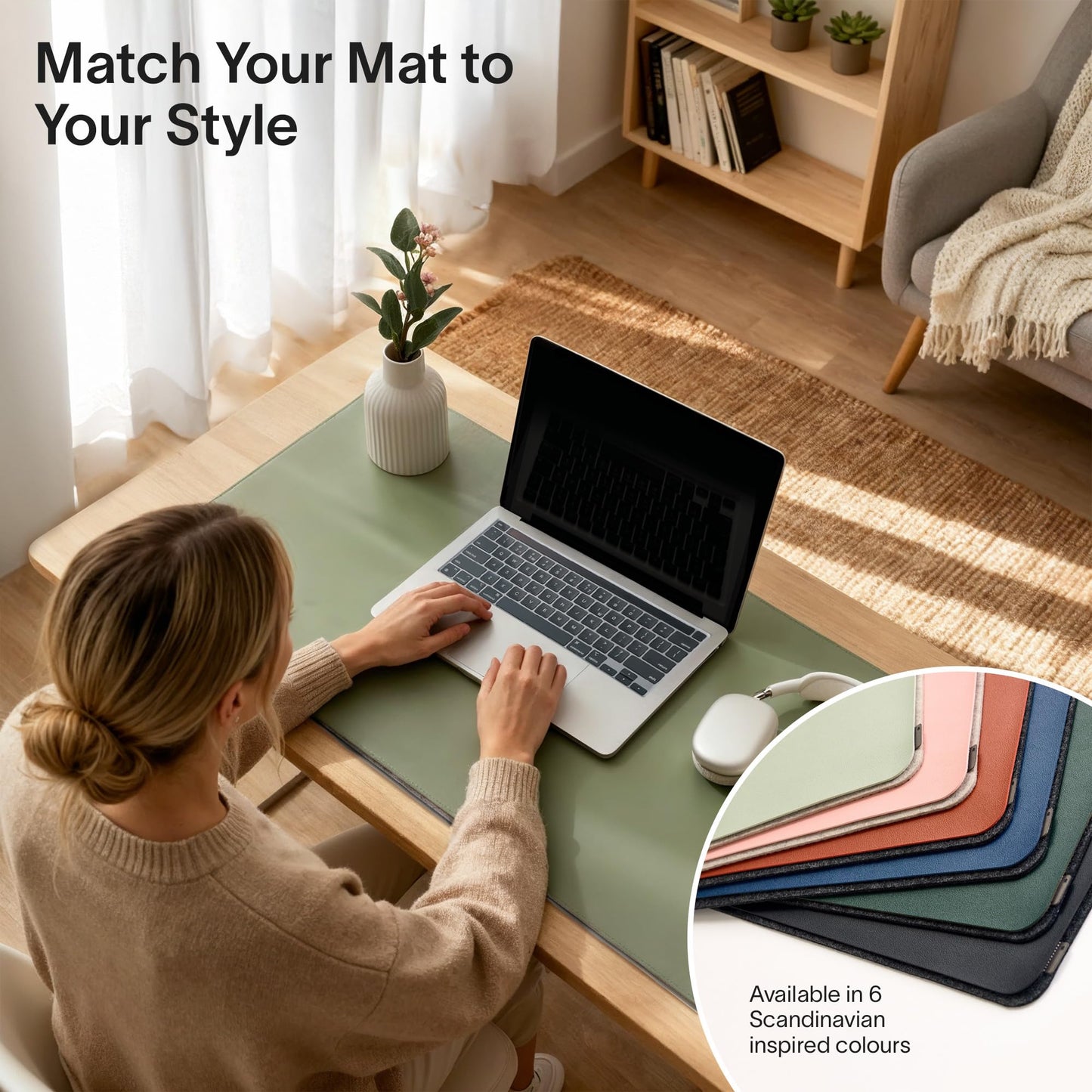 Nordik Felt and Leather Desk Mat - Willow Haze Sage - 89x43cm - Felt and Vegan Leather Desk Blotter with Document Hideaway - Large Computer Mats for Desktop - Ideal Keyboard Mat for Office and Home