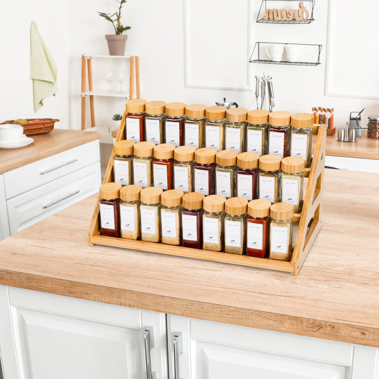 MNADSFKJ Bamboo Tiered Spice Rack, for Countertop Spice Organizer for Pantry Spice Shelf Organizer Kitchen Spices Rack,Cabinet spice rack,Cabinet seasoning rack,Bamboo