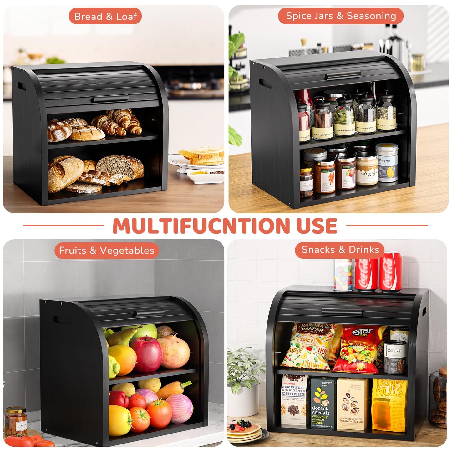 G.a HOMEFAVOR Bread Box: Large 2-Tier Bamboo Roll Top Bread Storage Container for Kitchen Counter, Bread Holder Food Bin for Countertop, Self-Assembly, Black