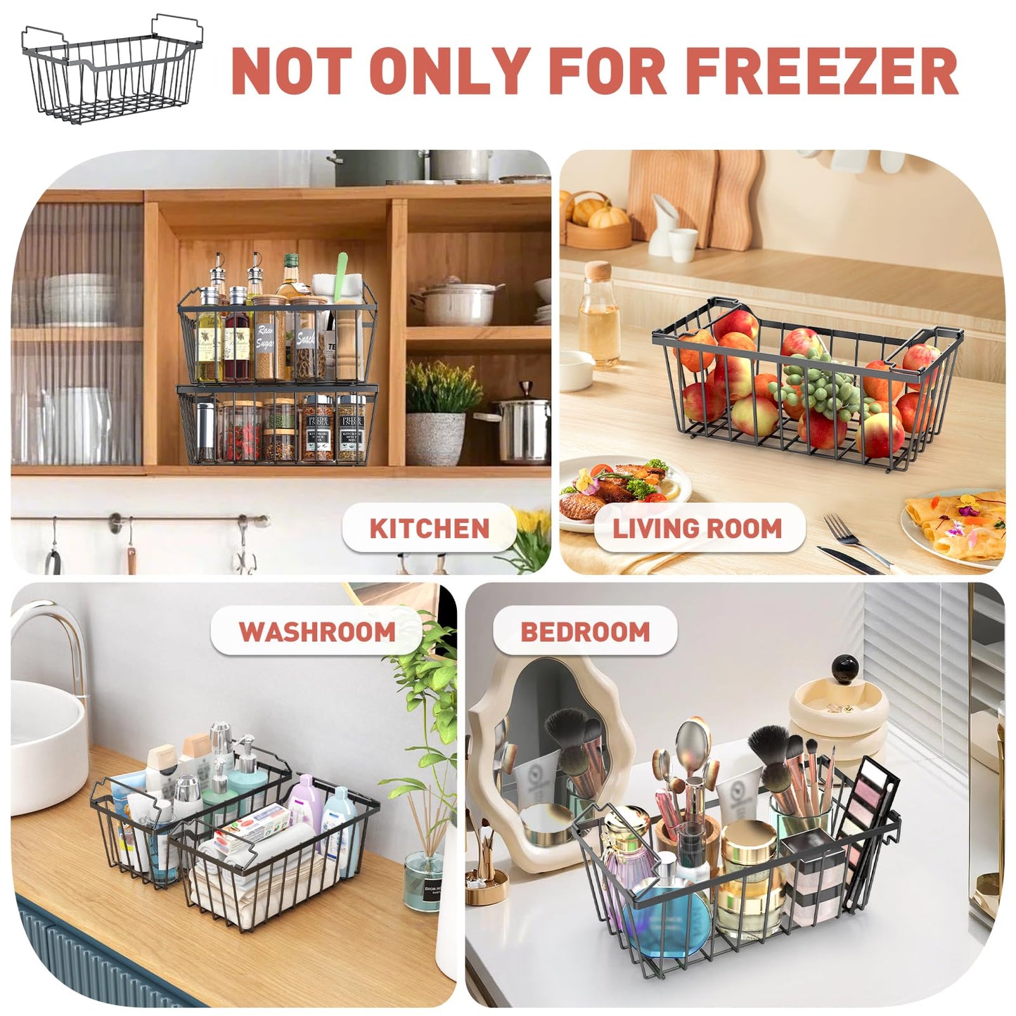 Goovilla Freezer Organizer Bins with Foldable Handle, 4 Pack Stackable Freezer Baskets for 3.5-7 Cu.FT Deep Chest Freezer Organization, Coated Metal Freezer Storage Bins with Better Space Utilization