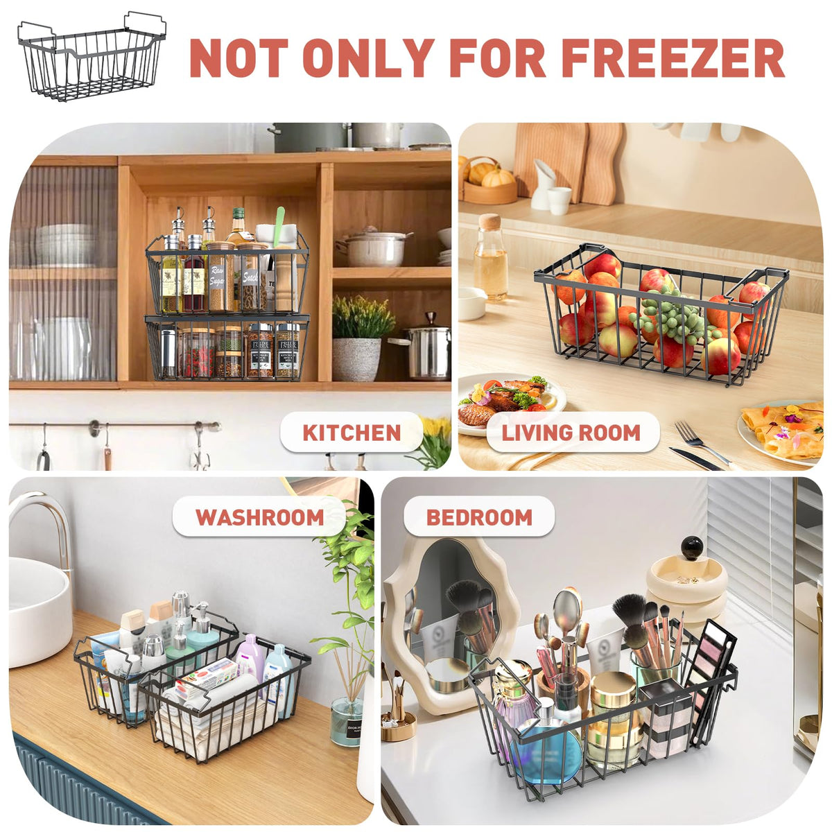 Goovilla Freezer Organizer Bins with Foldable Handle, 8 Pack Stackable Freezer Baskets for 3.5-7 Cu.FT Deep Chest Freezer Organization, Coated Metal Freezer Storage Bins with Better Space Utilization
