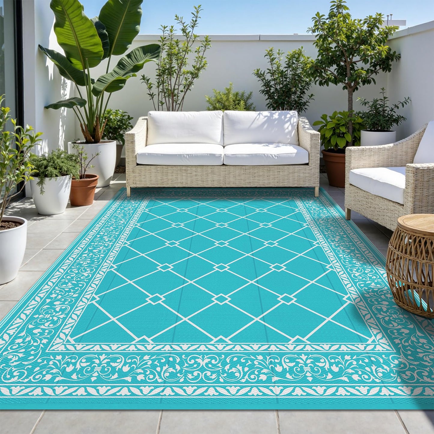 HEBE 8x10 Outdoor Rug Waterproof, Reversible Outdoor Area Rug, Portable Plastic Outside Rug Carpet, Geometric RV Camping Rug Mat for Patio Picnic Backyard Deck Balcony Porch Beach Trailer, Teal