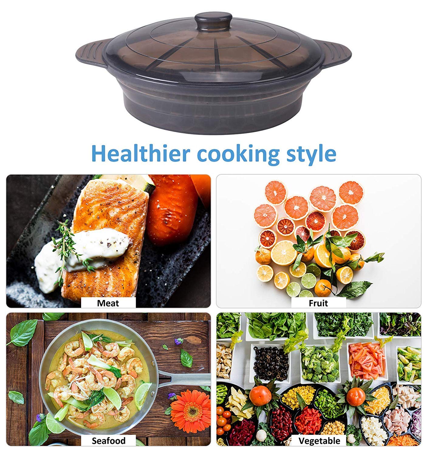 Microwave Steamer Cooker Collapsible Bowl-Silicone Steamer Cookware with Handle Lid for Vegetables Fish Prep Meal Food with Removable Rack BPA Free, Easy to Store, Freezer & Dishwasher Safe