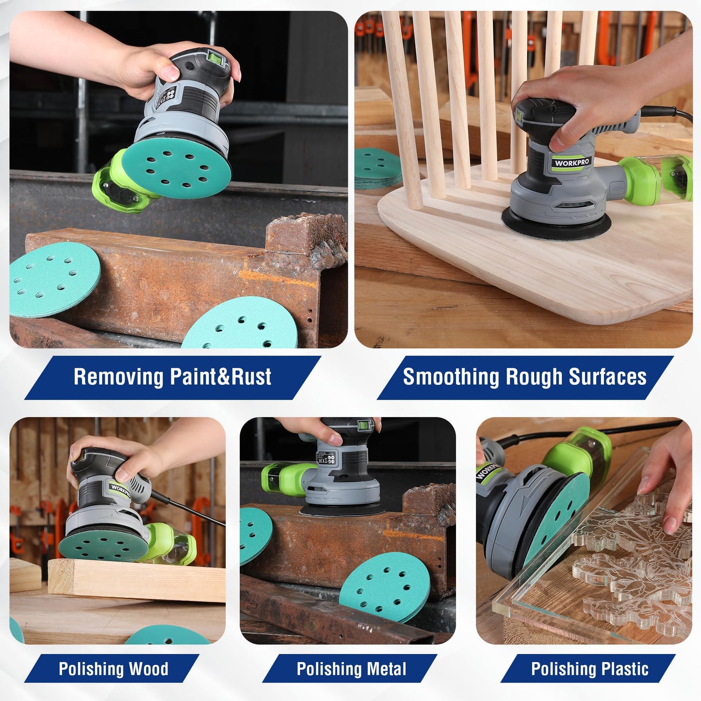 WORKPRO 150 PCS 5 Inch Premium Sanding Discs Set, 5" 8-Hole Polyester Film Hook and Loop Sandpaper, 10 Grades Include 60, 80, 100, 120, 150, 180, 240, 320, 400, 600 Grits for Random Orbital Sander