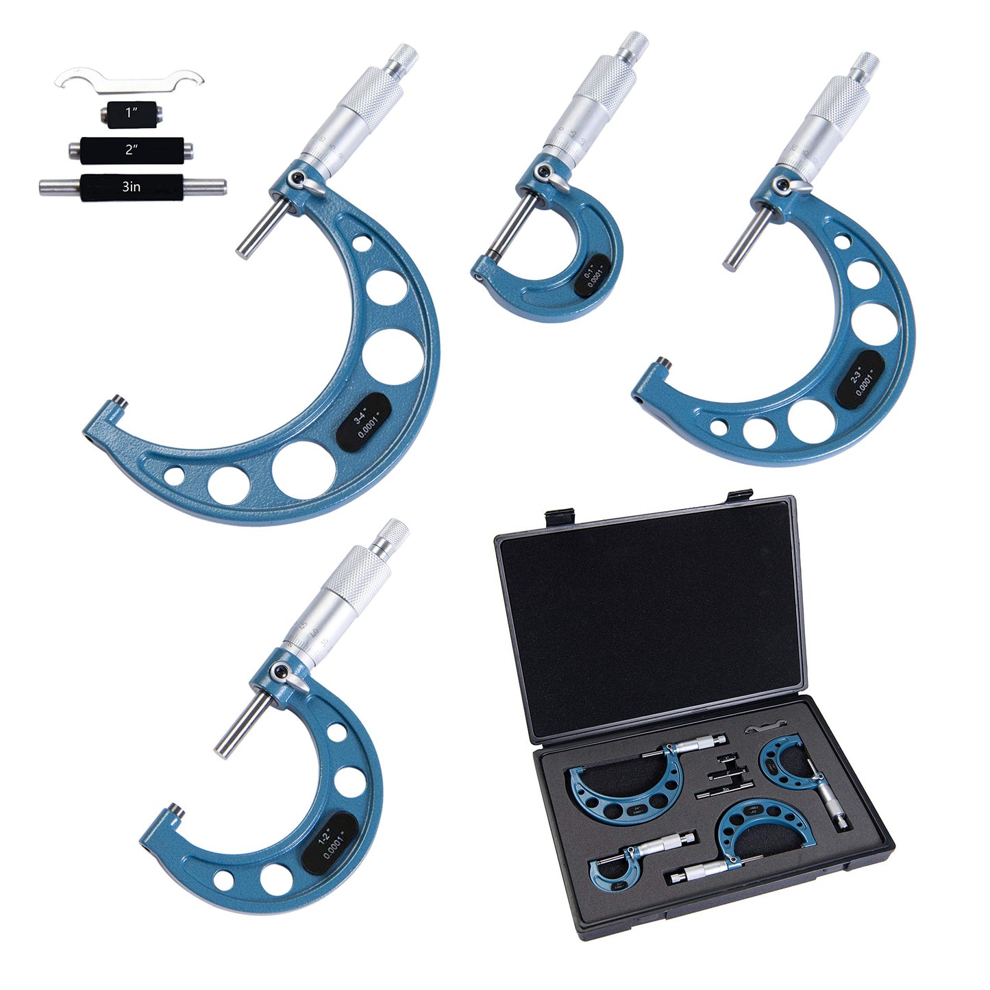 Beslands Outside Micrometer Set 0-4" Range, 0.001" Graduation, Precision Micrometers, Thickness Measuring Tool Machinist Tool(4 Piece Set)