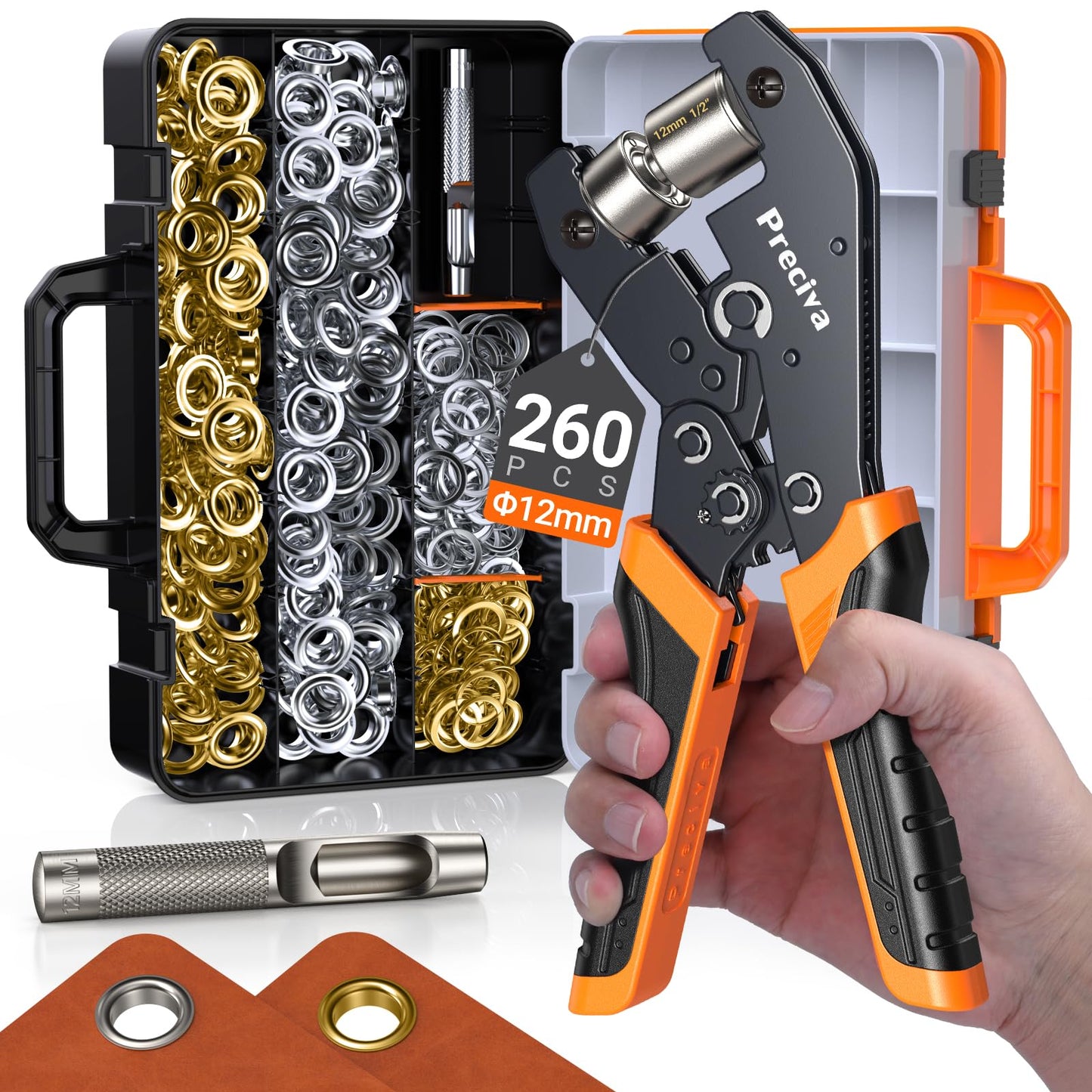 Grommets Tool Kit with 1/2 inch Grommets and Carrying Case,Eyelet Punch Pliers Set, Precision Grommet Tool for Canvas, Leather, Tarps, Fabric, and DIY Repairs 130 PCS Each in Silver and Gold