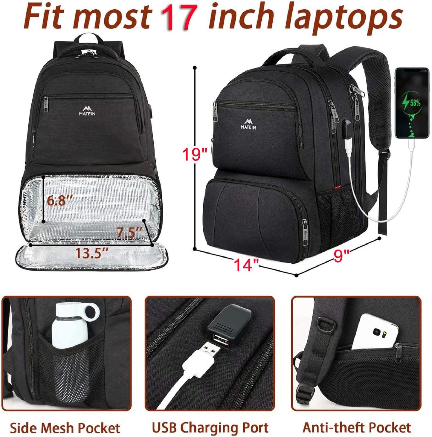 MATEIN Lunch Backpack for Men, 17 Inch Insulated Cooler Backpack Lunch Box Backpack with USB Charging Port, Water Resistant Computer Daypack College Laptop Backpack for Travel Picnic Work, Black