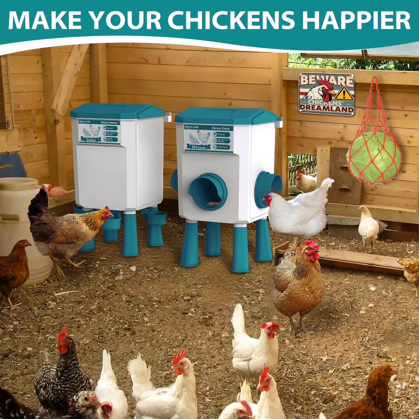 Chicken Feeder and Waterer Set - 3 Gallon/26.5 Pounds, Automatic Chicken Waterer with 4 Cups & 3 Feeder Ports, No Waste Poultry Feeders & Waterers, Chickens Coop Accessories for Hens/Ducks/Poultry