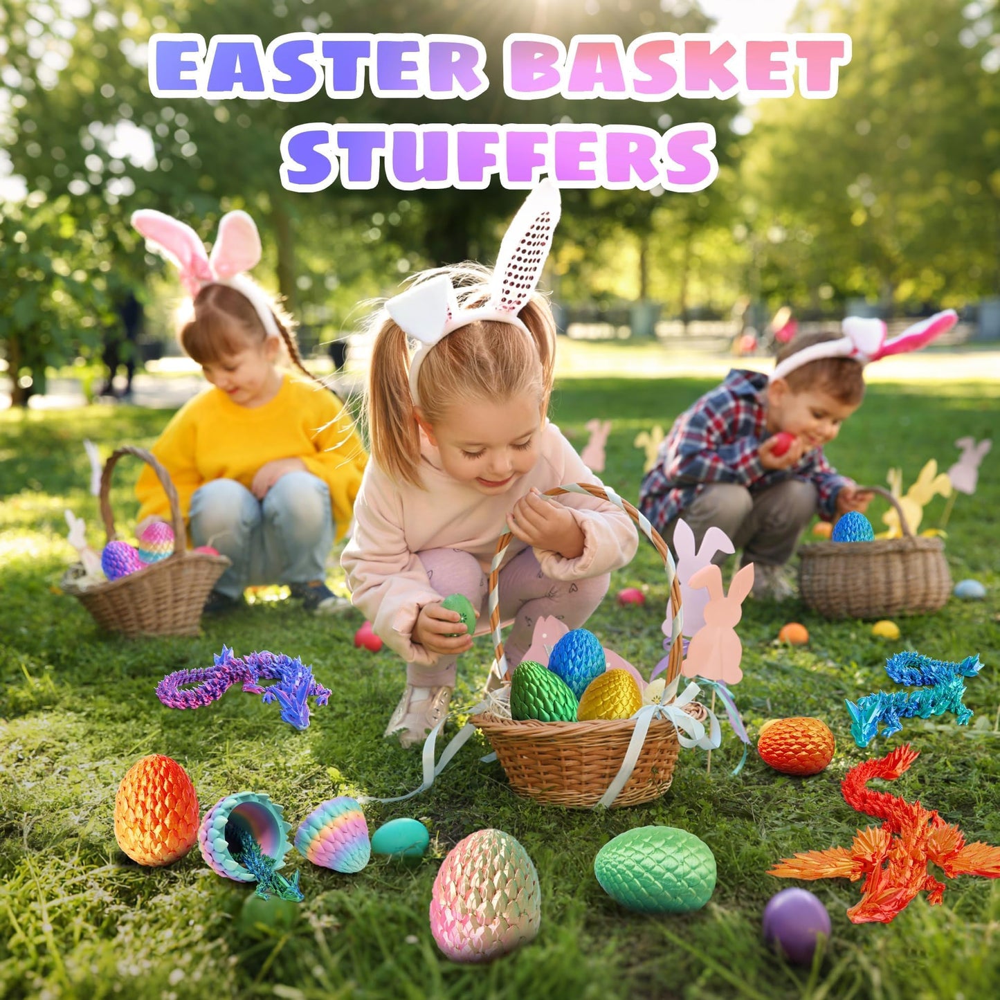 4 Pack 3D Printed Dragon Easter Basket Stuffers, Small Eggs with Dragon Inside, Articulated Crystal Dragon Fidget Toy, Desk Pet, 3D Printing Home Decor (Blue+red+Green+Glow in The Dark)