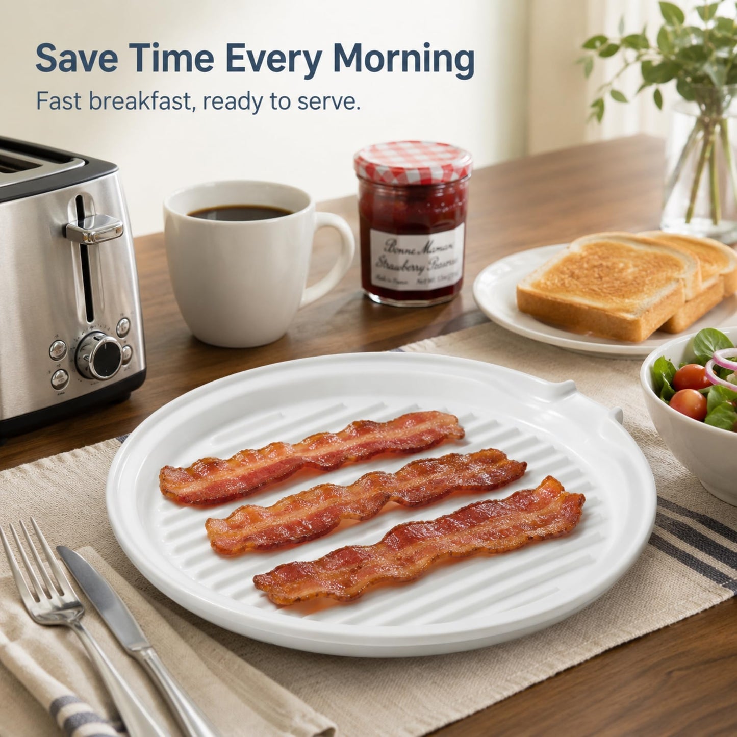 ONEMORE Microwave Bacon Tray with Lid Ceramic Bacon Cooker Meat Rack for Oven Cooking Crispy Bacon Maker with Cover - 10.5 inch Round Bacon Dish Plate, White