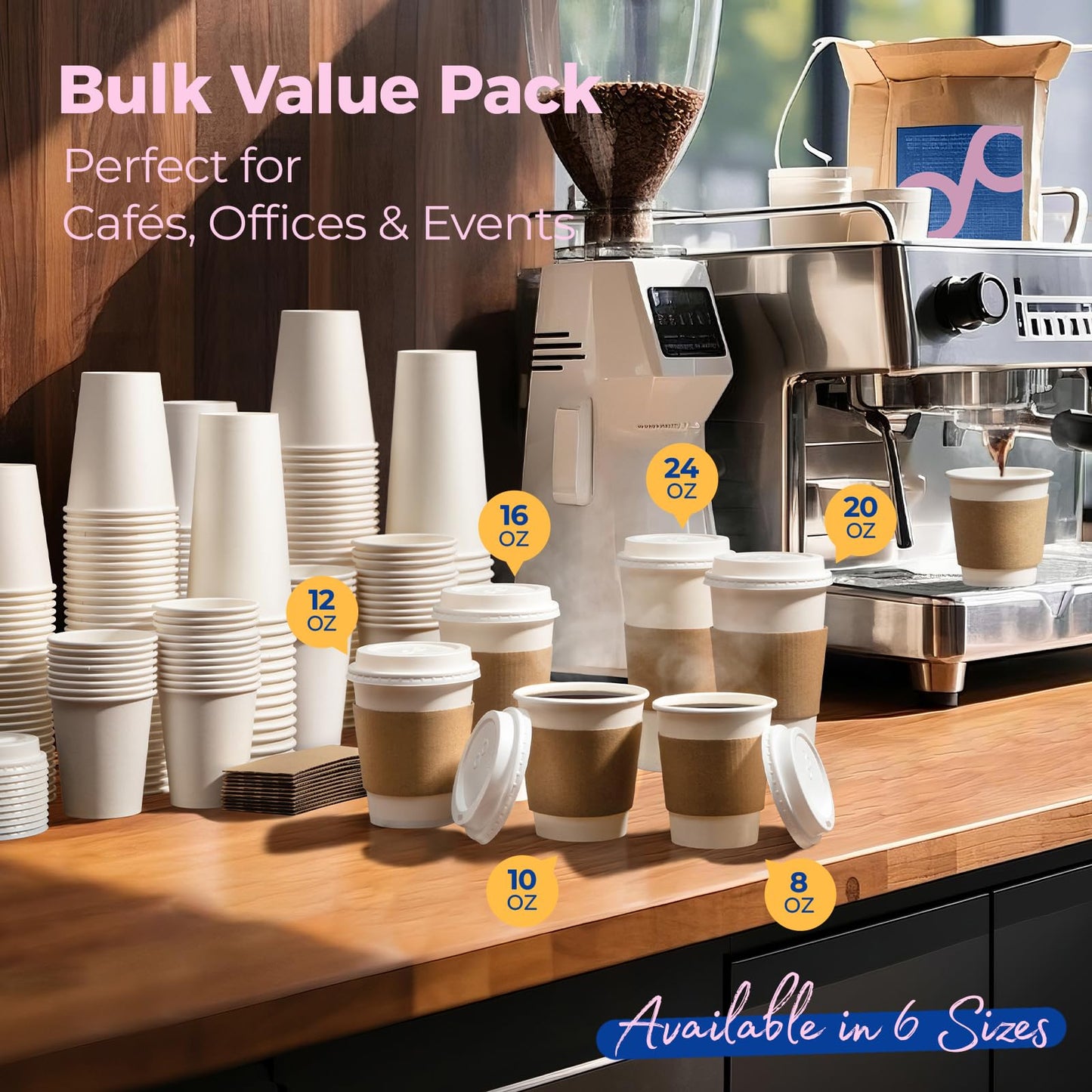 Fit Meal Prep 50 Pack 16 oz Disposable Coffee Cups with Lids, Sleeves, Leak-Proof To Go Coffee Cups with Lids, Durable Hot Paper Cups for Home, Office, Party, Business