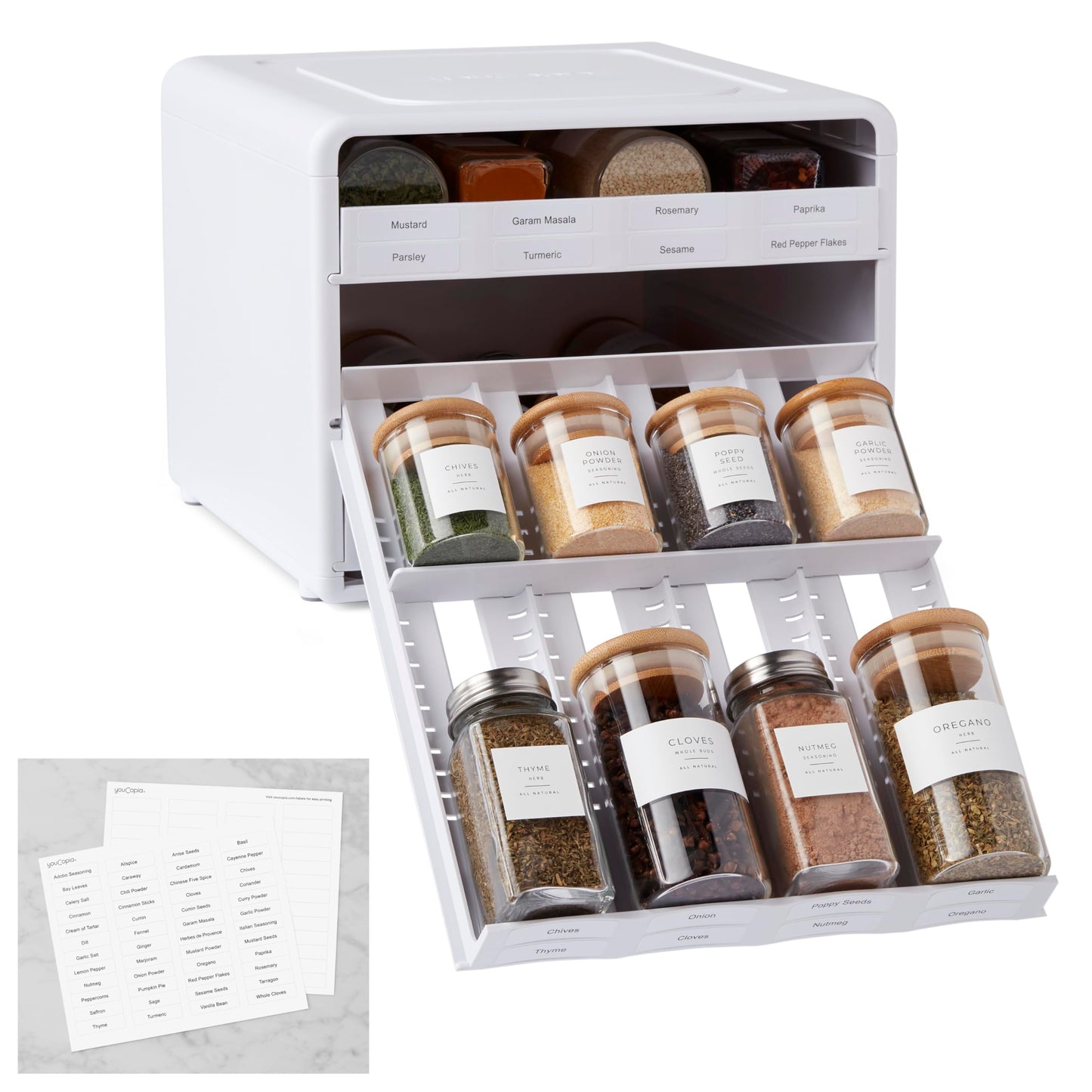 YouCopia SpiceStack Adjustable Spice Rack with 104 Labels, 24-Bottle Pull-Down Spices and Seasoning Organizer for Kitchen Cabinet or Pantry Storage White