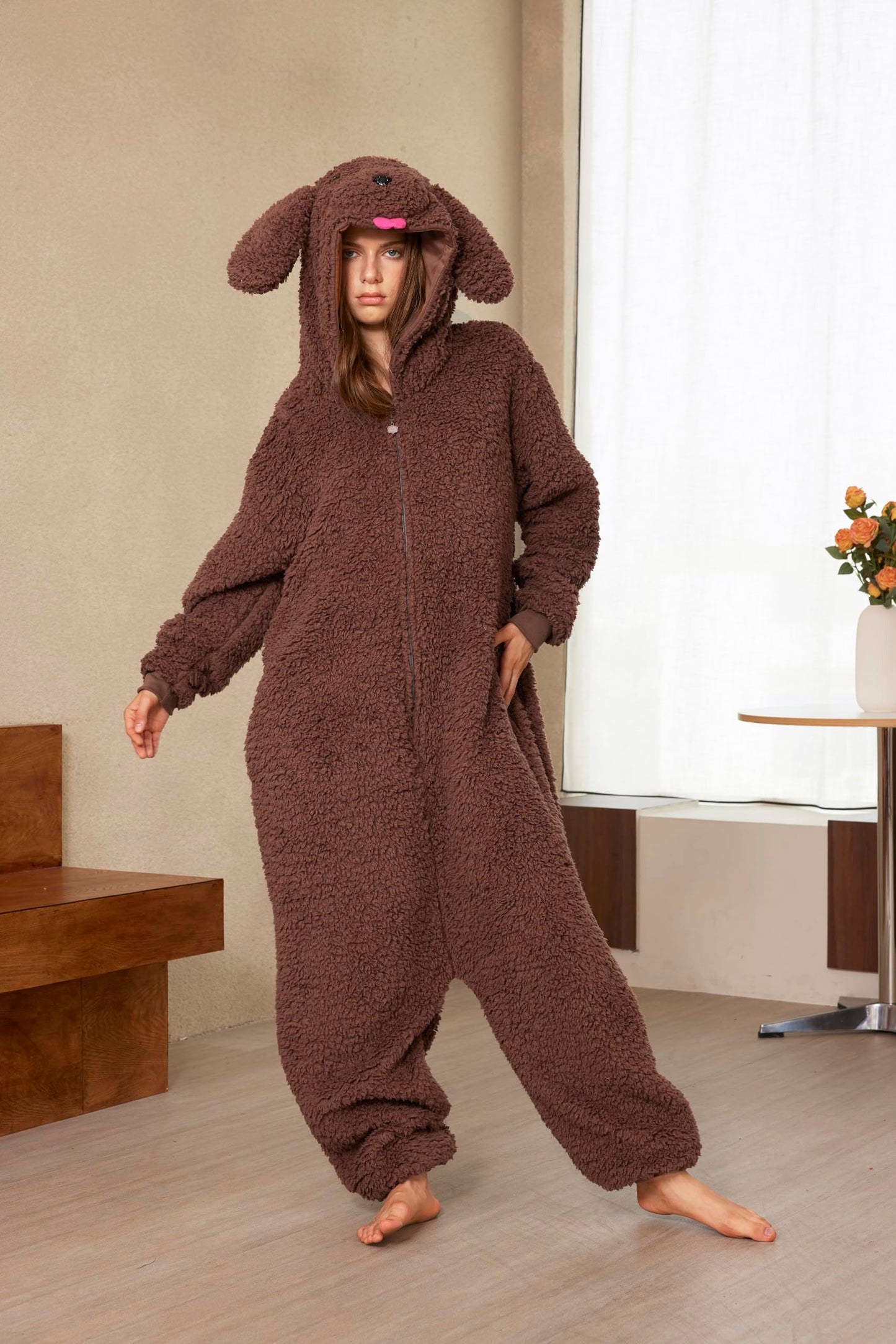 Loiahoer Unisex Animal Poodle Puppy Dog Costume Onesie Pajamas Halloween Costume Christmas Pajamas Gifts for Women & Men, Brown, Medium