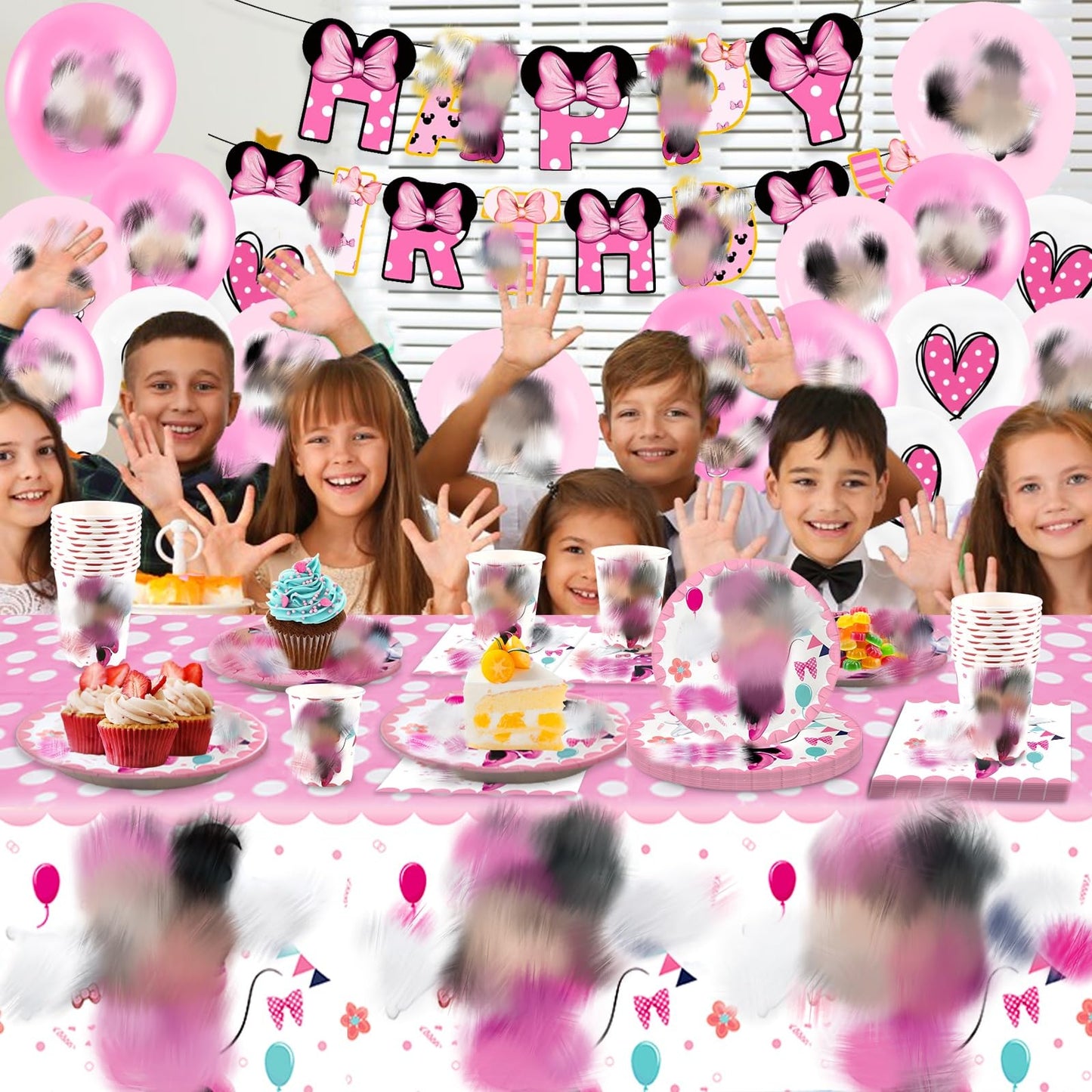 Pmn 70PCS Min Birthday Party Decorations, Cartoon Theme Party Supplies Include Birthday Banner, Balloons, Happy Birthday Plates, Tablecloth for Kids Birth day Party