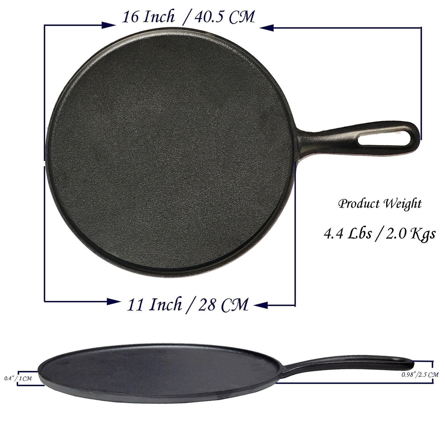 La Cuisine Crepe Tawa Pan for Roti Dosa Comale – Griddle Pizza Pan Pre-Seasoned Cast Iron, 11 Inch Diameter, PFOA Free, Oven Safe, Glasstop Induction Stove