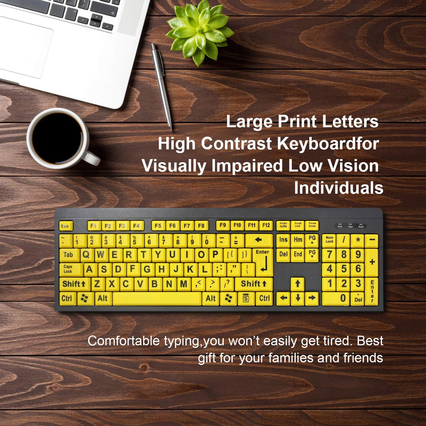 BOOGIIO Large Print Computer Keyboard, Wired USB High Contrast Keyboard with Oversized Print Letters for Visually Impaired Low Vision Individuals (Yellow+Black)