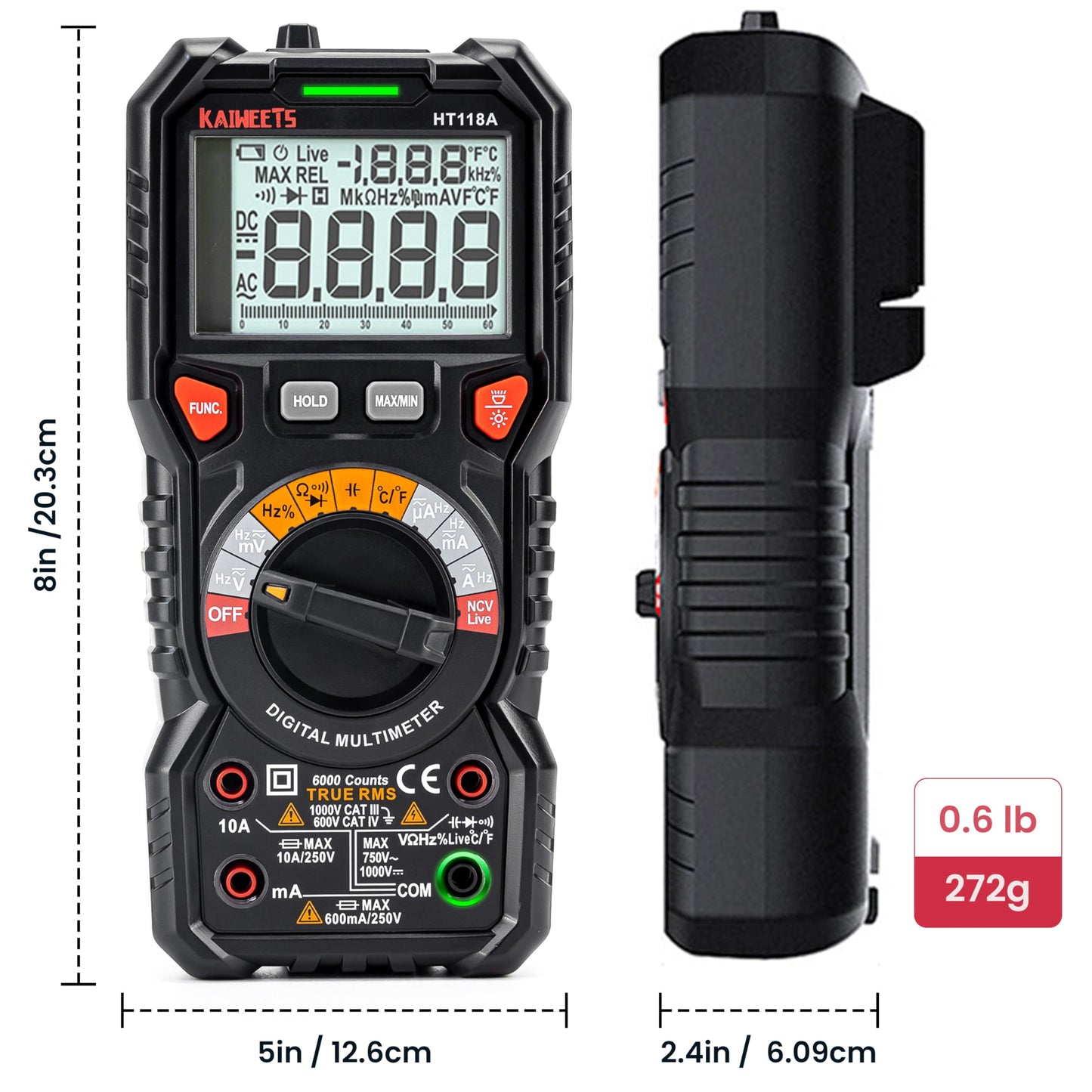 KAIWEETS Digital Multimeter TRMS 6000 Counts Voltmeter Auto-Ranging Fast Accurately Measures Voltage Current Amp Resistance Diodes Continuity Duty-Cycle Capacitance Temperature for Automotive