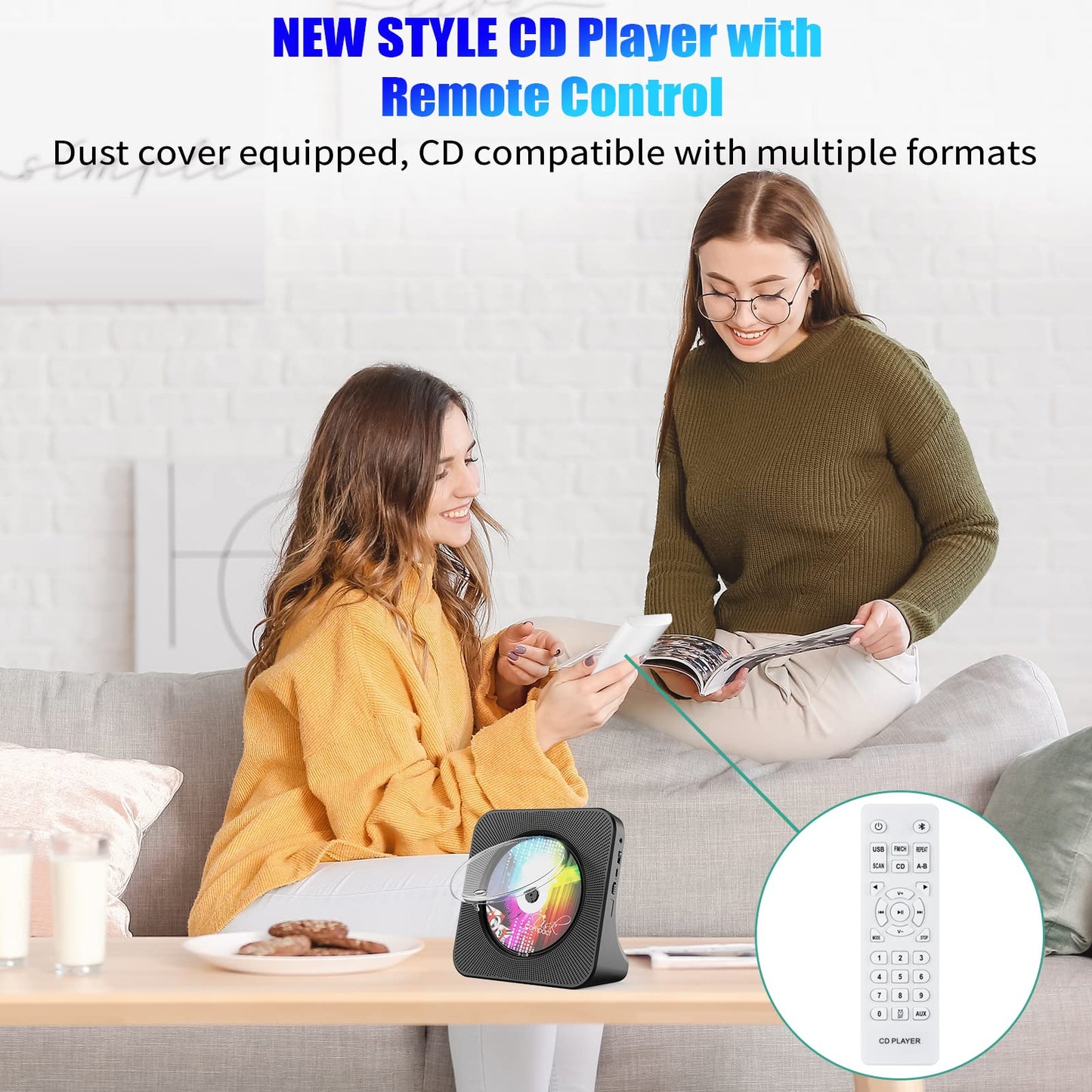 Gueray Portable CD Player, Bluetooth CD Kpop Player for Desktop with HiFi Sound Speaker, Cute FM Radio CD Music Player for Home with Remote Control Dust Cover LED Screen Support AUX/USB Headphone Jack