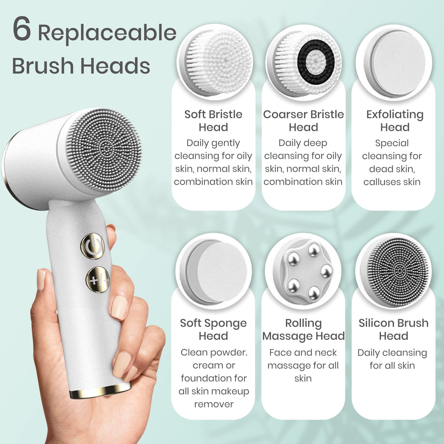 UnTI Electric LED Facial Cleansing Brush Set 6 in 1,Rechargeable Waterproof Portable White Face Cleanser and Exfoliating, Suitable for Oily Dry Sensitive Skin Women & Men