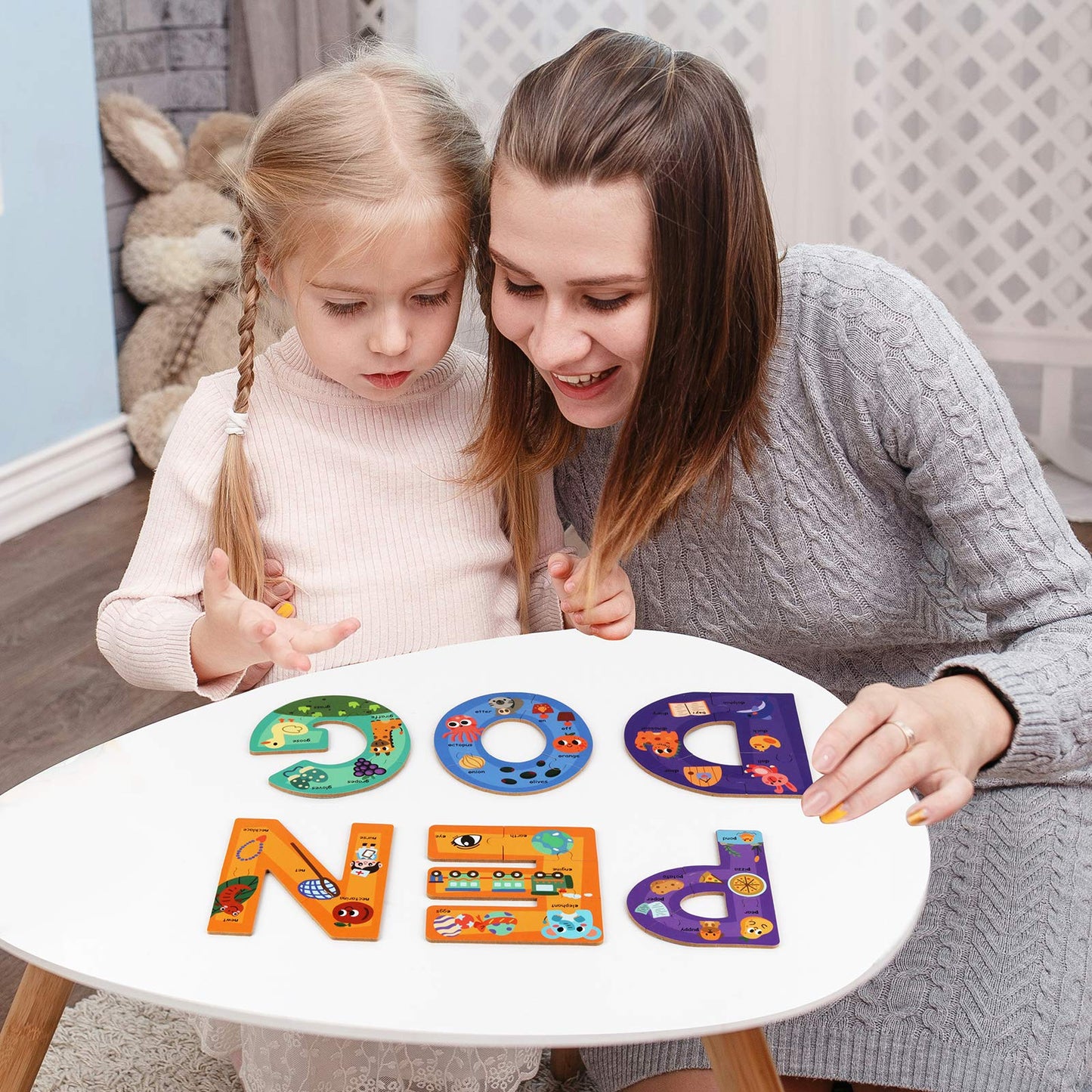 SYNARRY Wooden Puzzles for Kids Ages 3-5, ABC Learning for Toddlers Ages 3+, Sight Words Letter Puzzles Montessori Toys Educational for Preschool Boys Girls