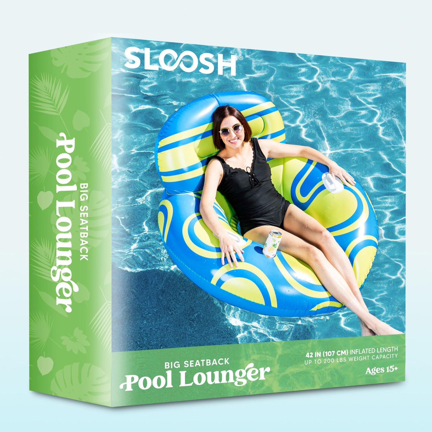 Sloosh Inflatable Pool Float Lounger - River Tube Floating Chair Sofa with Big Backrest, Blow Up Floaties Lake Raft Lounge with Mesh Bottom Handle Cup Holder Pool Party Toys for Adults (Blue Yellow)