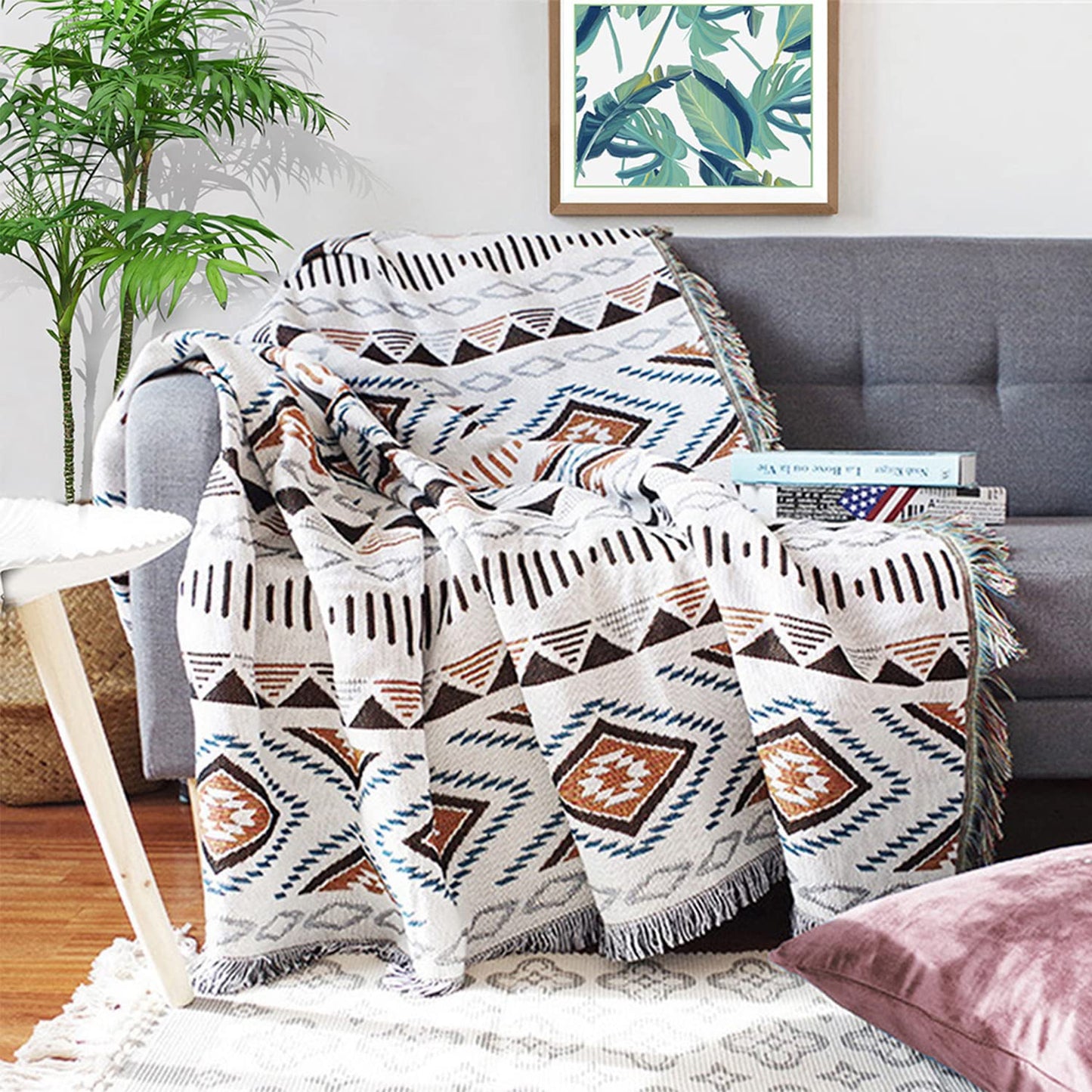 Southwest Throw Blankets Aztec Blanket with Tassels Reversible Southwestern Navajo Throw Blanket for Couch Chair Sofa Bed Outdoor Beach Travel 63"x51"