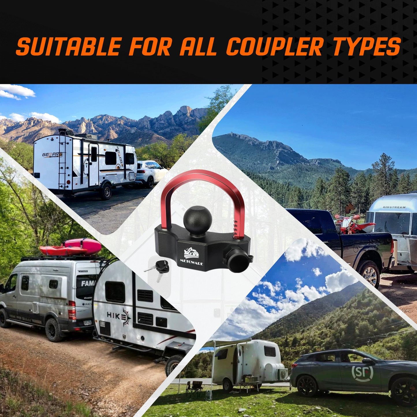 METOWARE Universal Trailer Hitch Locks, Adjustable Heavy-Duty Trailer Coupler Ball Locks Fit 1-7/8 Inch, 2 Inch, 2-5/16 Inch Couplers with 2 Keys