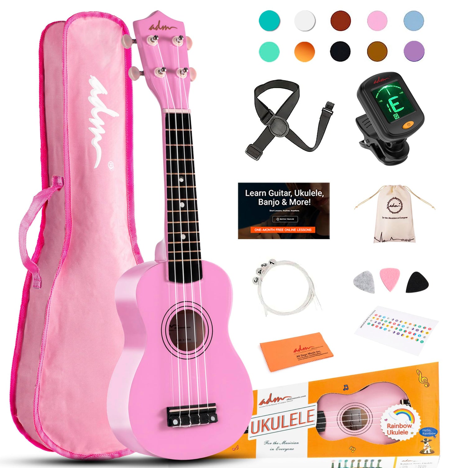 ADM Soprano Ukulele for Beginners 21 Inch Hawaiian Wood Ukelele Kit for Kids Adult Student Starter Professional Ukalelee Pack Bundle with Free Lessons Gig Bag Strap Nylon String Tuner Pick, Pink