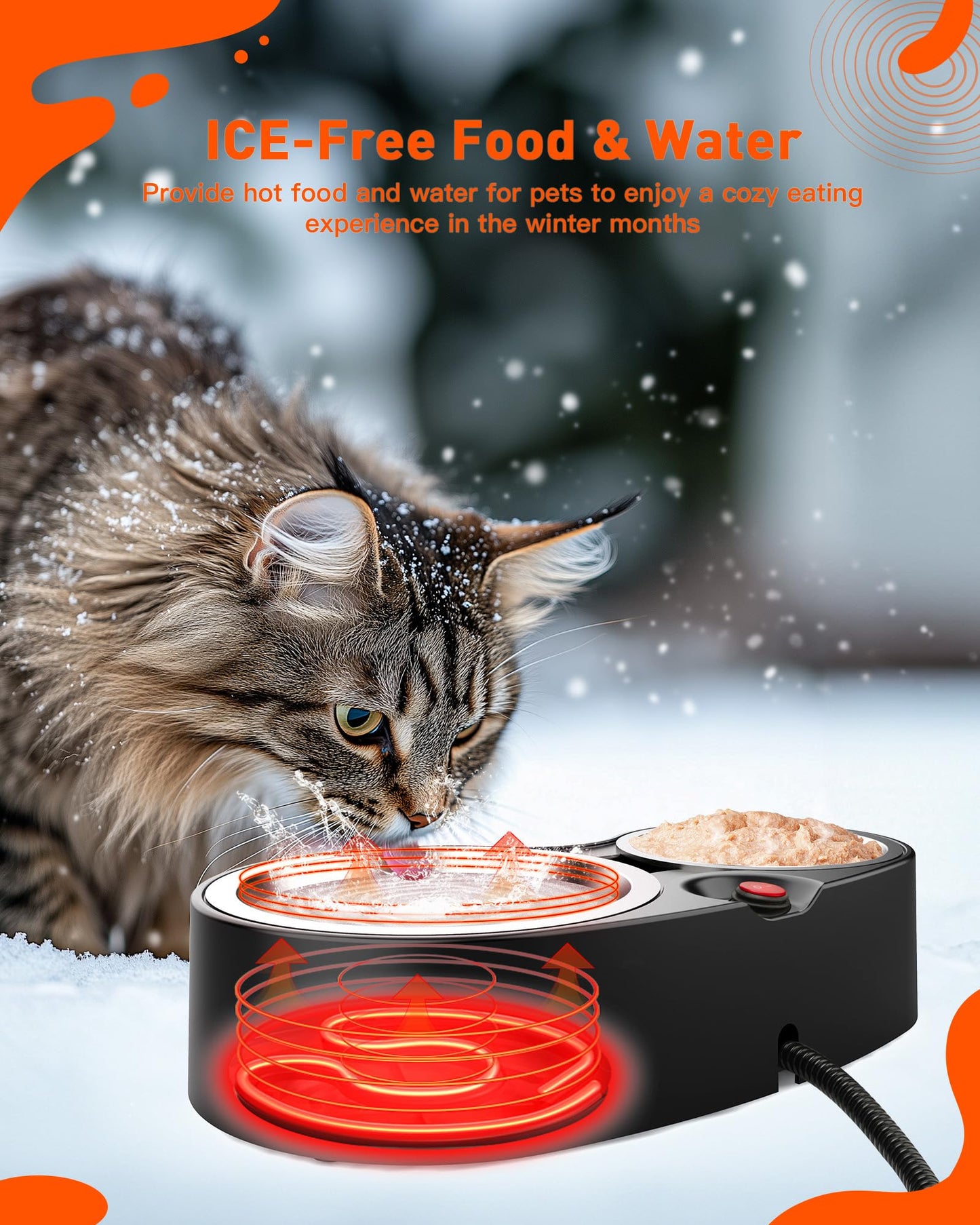 SwSun Heated Cat Bowl for Food & Water, Double Heating Cat Bowls Outdoor Heated Pet Bowl with 2 Stainless Steel Cat Bowls Heated Water Bowl for Feral Cat Feeding Station in Winter