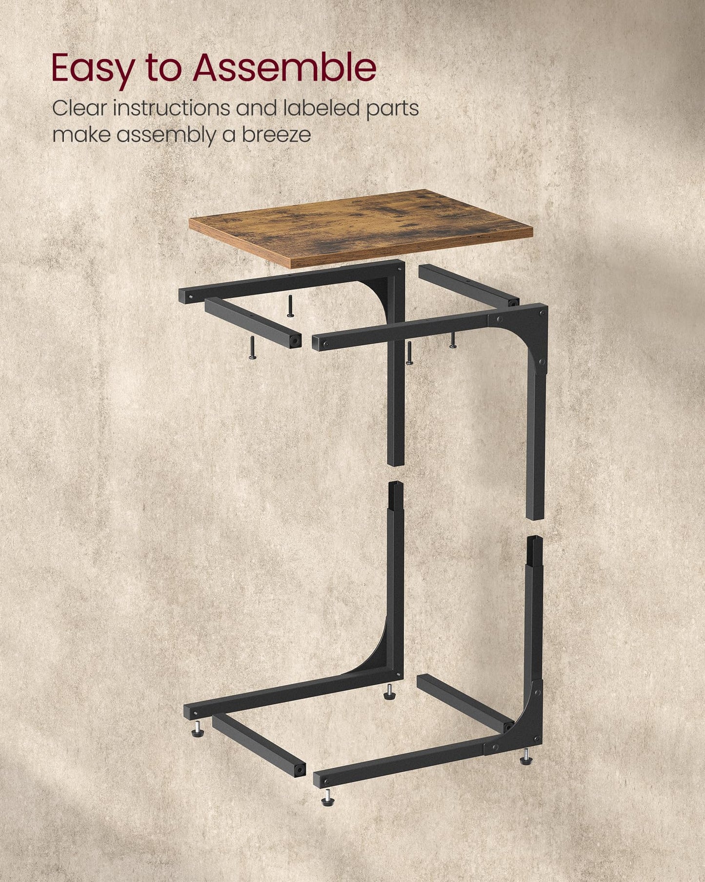 VASAGLE C-Shaped End Table, Small Side Table for Couch, Sofa Table with Metal Frame for Living Room, Bedroom, Bedside, Rustic Brown and Black ULET350B01