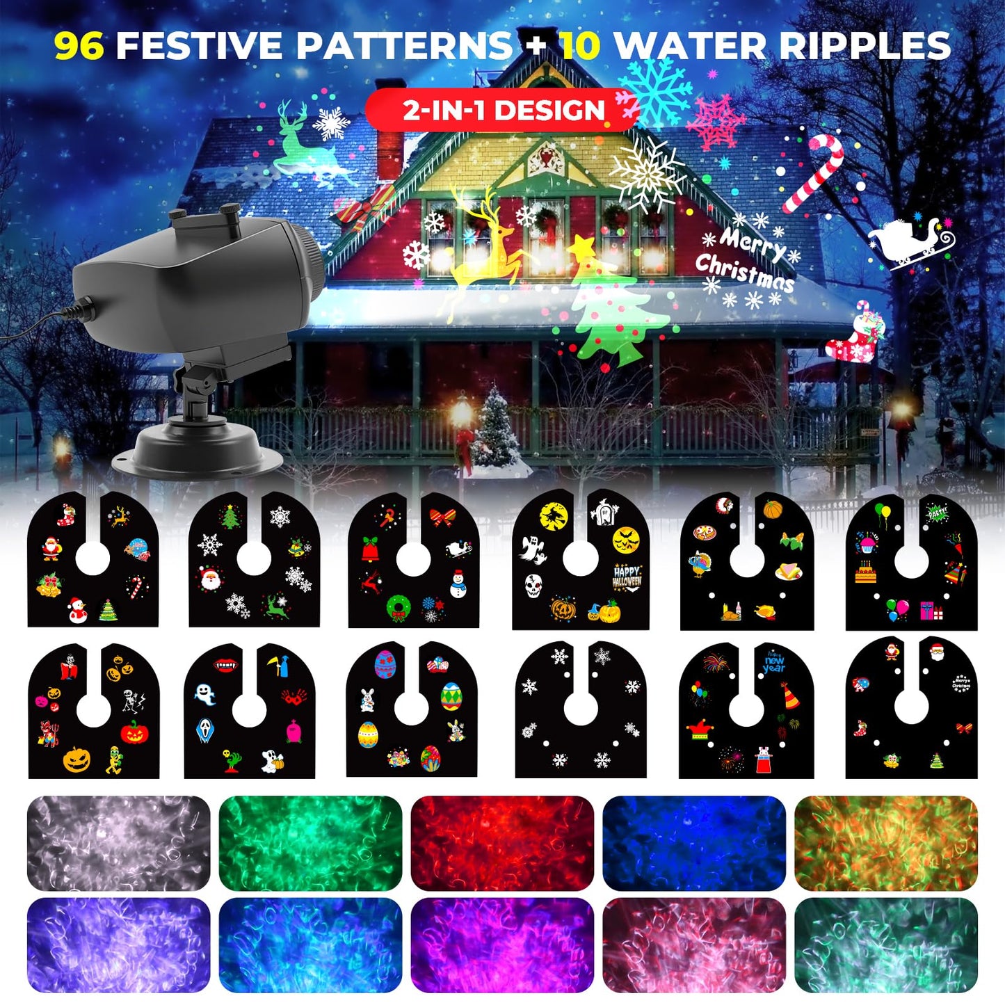 Christmas Projector Lights Outdoor Waterproof,15W Brighter HD Ocean Wave Effect 12 Slides 96 No Fade Pictures Light for Gift Christmas Halloween Decoration