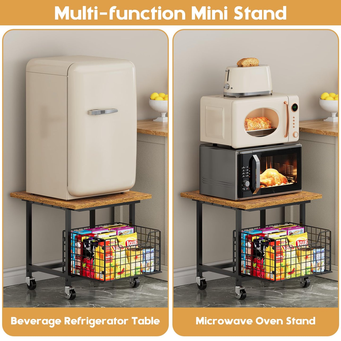 Mini Fridge Stand With Storage, Small Refrigerator Wheels, Cabinet-Max Load 300 Lbs Heavy Microwave Printer Cart For Dorm, Apartment, Kitchen, Office (Brown)