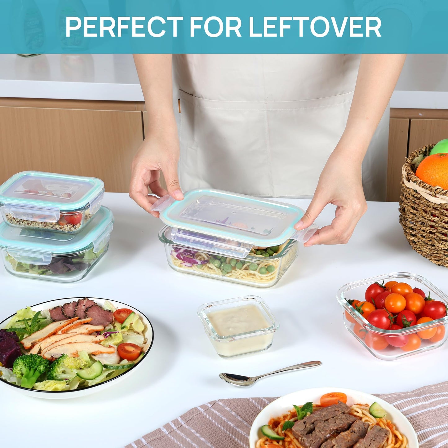 Vtopmart 8 Pack Glass Container Food Storage, Glass Meal Prep Containers with Lids, Airtight Lunch Boxes with Leak Proof Locking Lids, for Microwave, Oven, Freezer and Dishwasher, Green