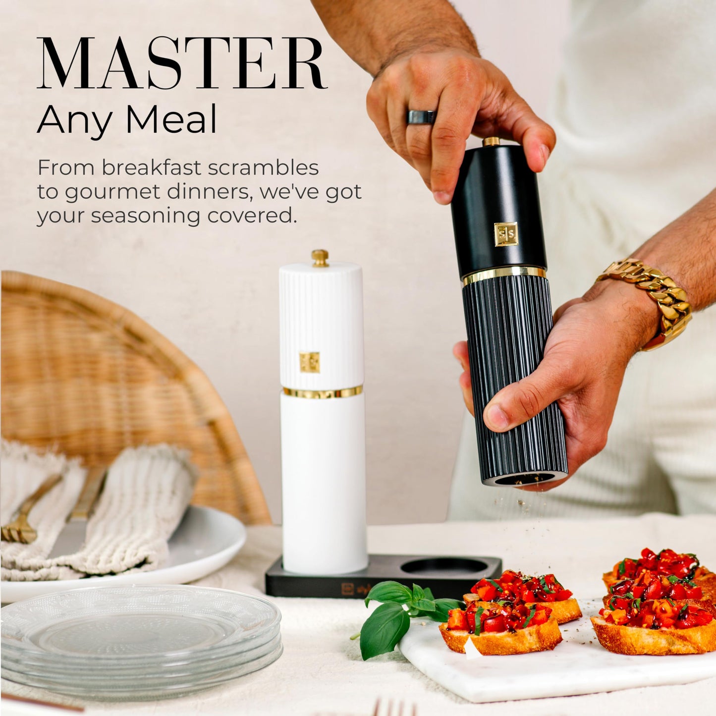 Styled Settings White and Black Salt and Pepper Grinder Set with Gold Accents – Set of Two Refillable Wooden Manual Grinders with Adjustable Ceramic Mills & Matching Wooden Stand - Ideal for Gifting
