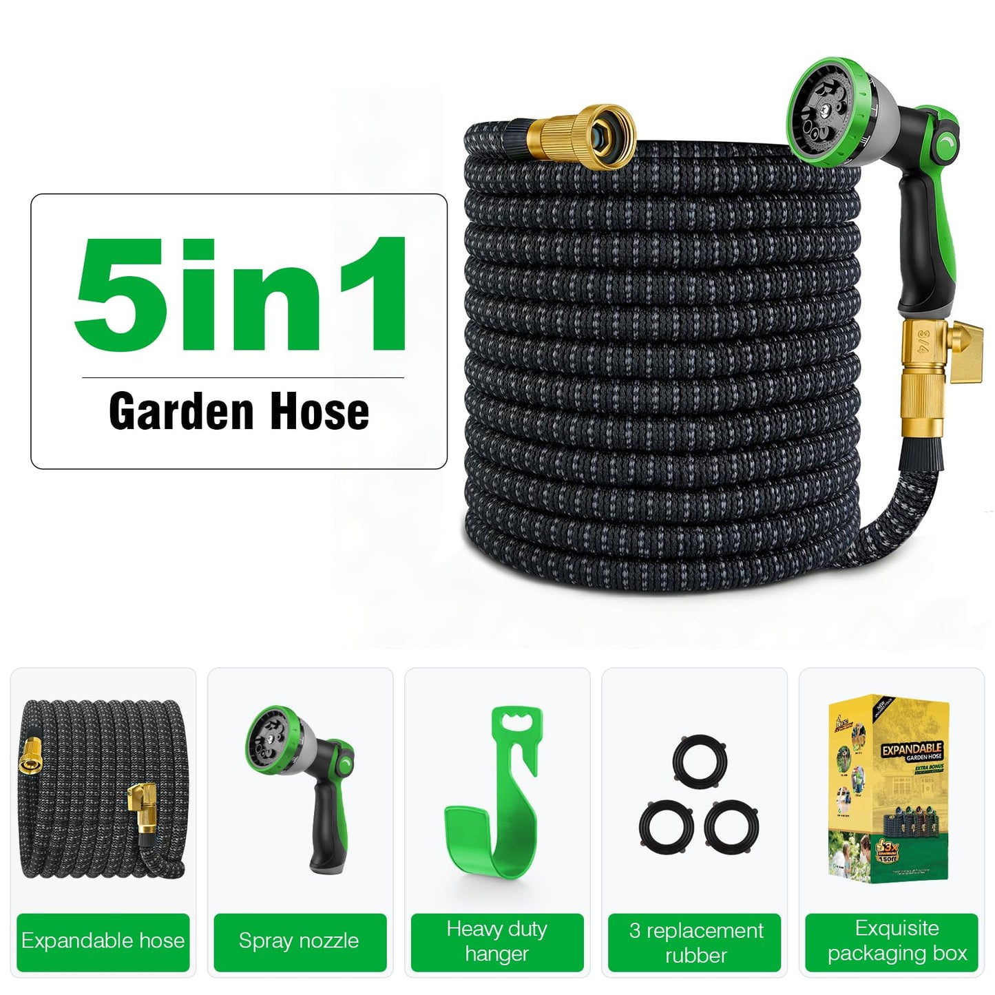 150FT Expandable Garden Hose with 10-Function Nozzle, 4-Layer Latex & 3750D Fabric, Extra Long Flexible No-Kink Water Hose with Solid Brass 3/4” Fittings for Large Yard Lawn Garden & Vehicle Cleaning