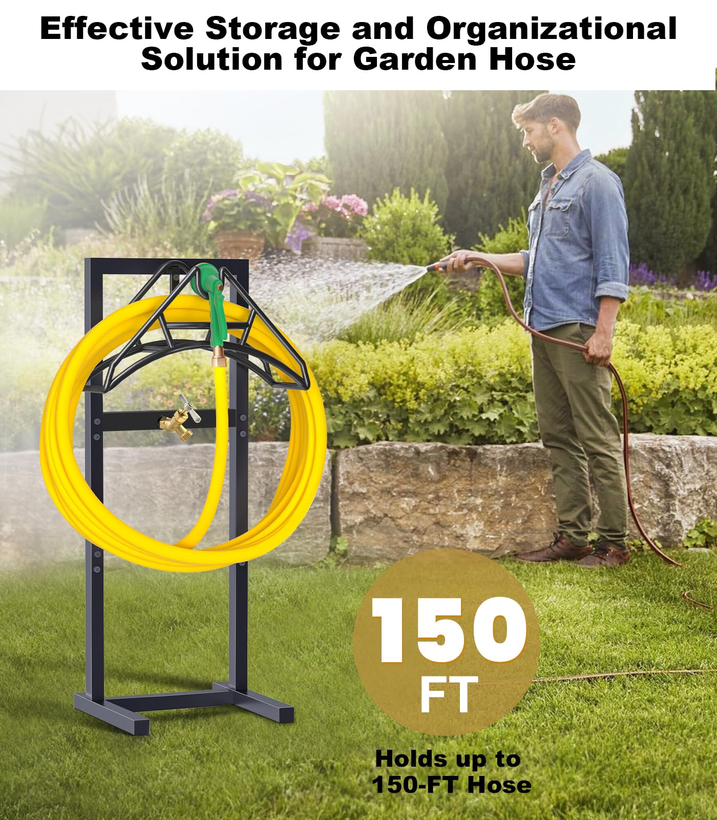 Artigarden Outdoor Garden Hose Holder Freestanding with Brass Faucet And 4 Spikes, Heavy Duty Metal Water Hose Reel Stand Hanger Rack Organizer Holds Storage 150ft Hose for Outside Yard Lawn, Black